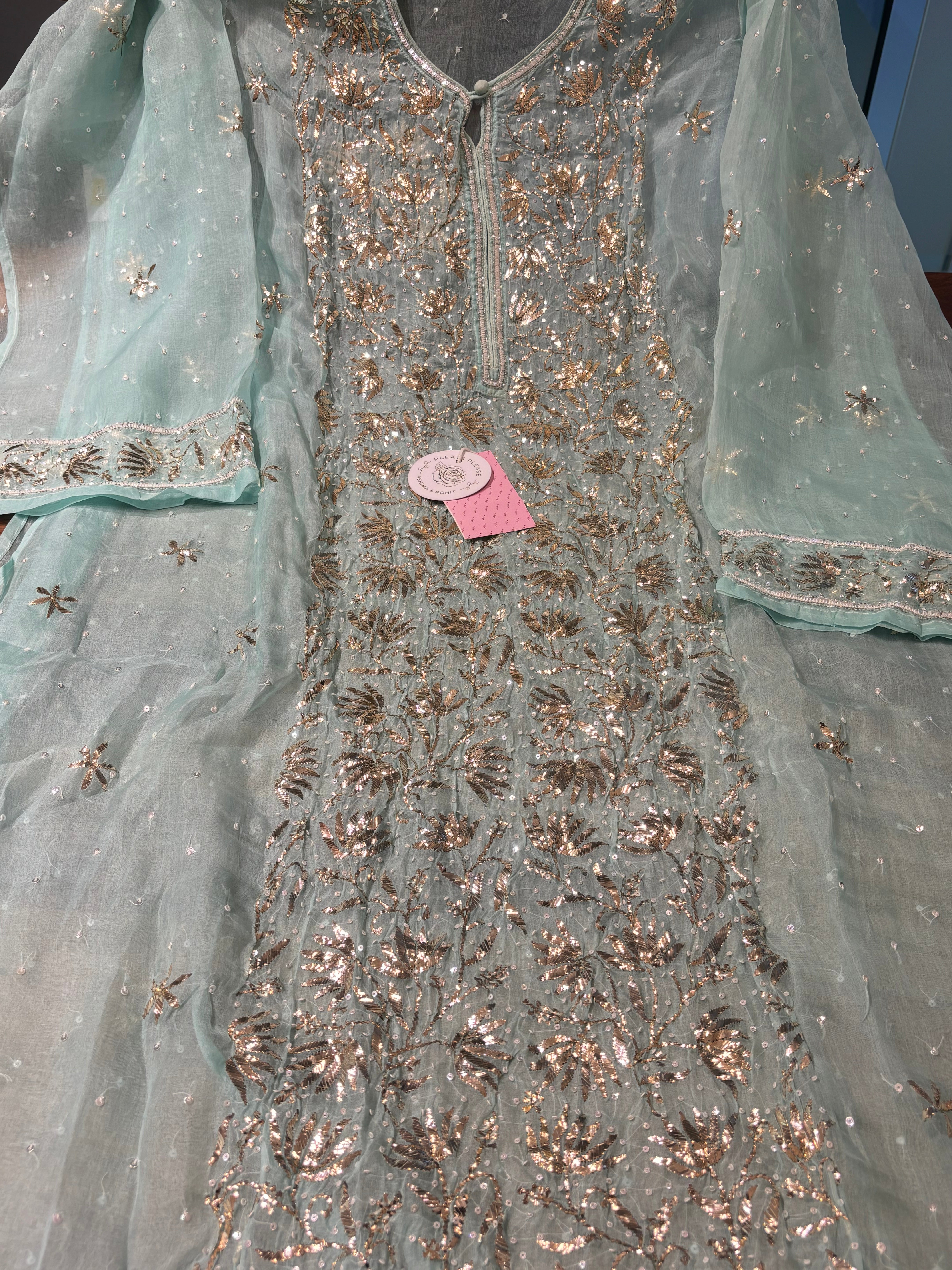 Aqua Blue Pure Organza Silk Mukaish Kurta & Dupatta - Pleats PleaseChikankari