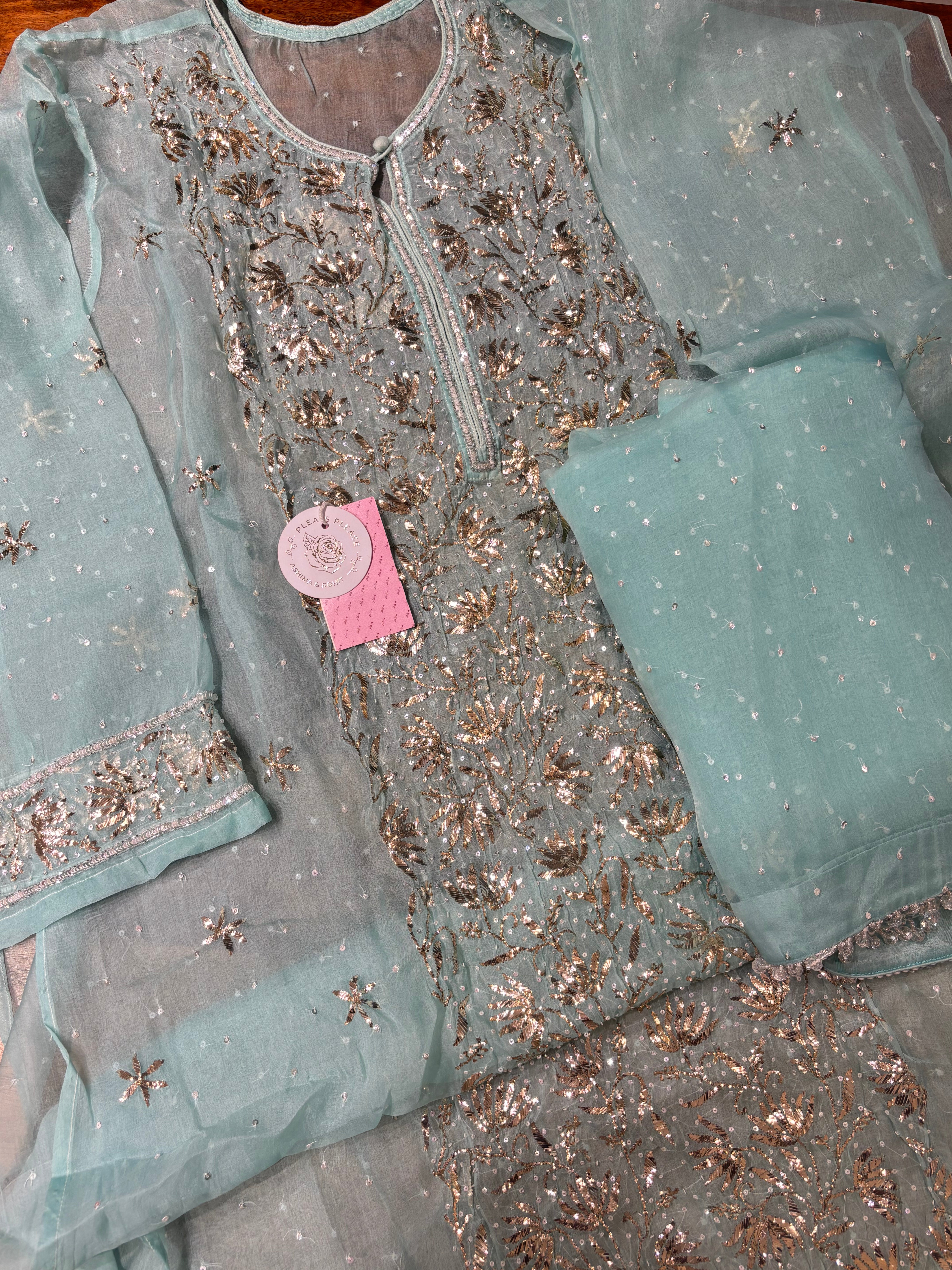 Aqua Blue Pure Organza Silk Mukaish Kurta & Dupatta - Pleats PleaseChikankari