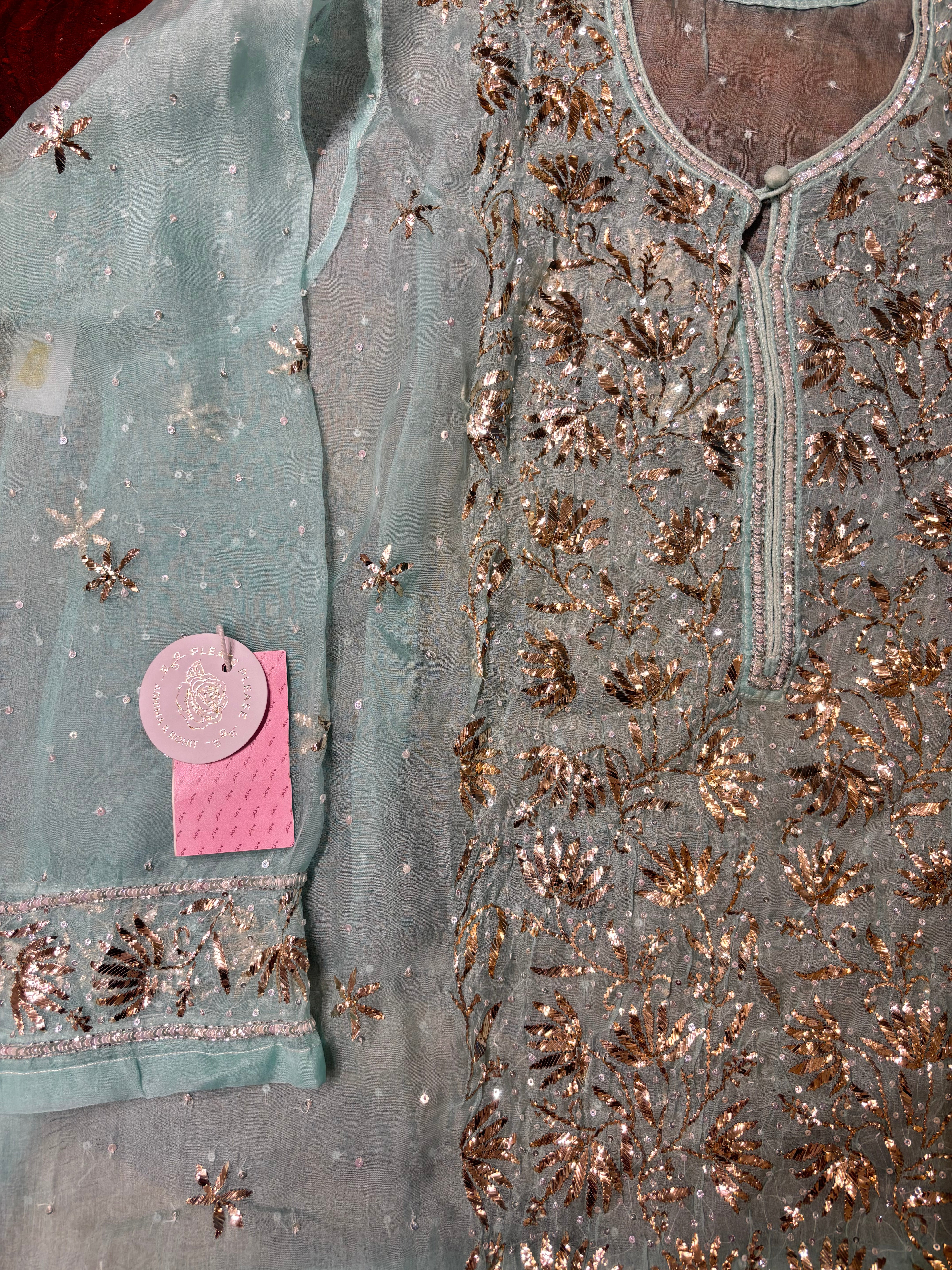 Aqua Blue Pure Organza Silk Mukaish Kurta & Dupatta - Pleats PleaseChikankari