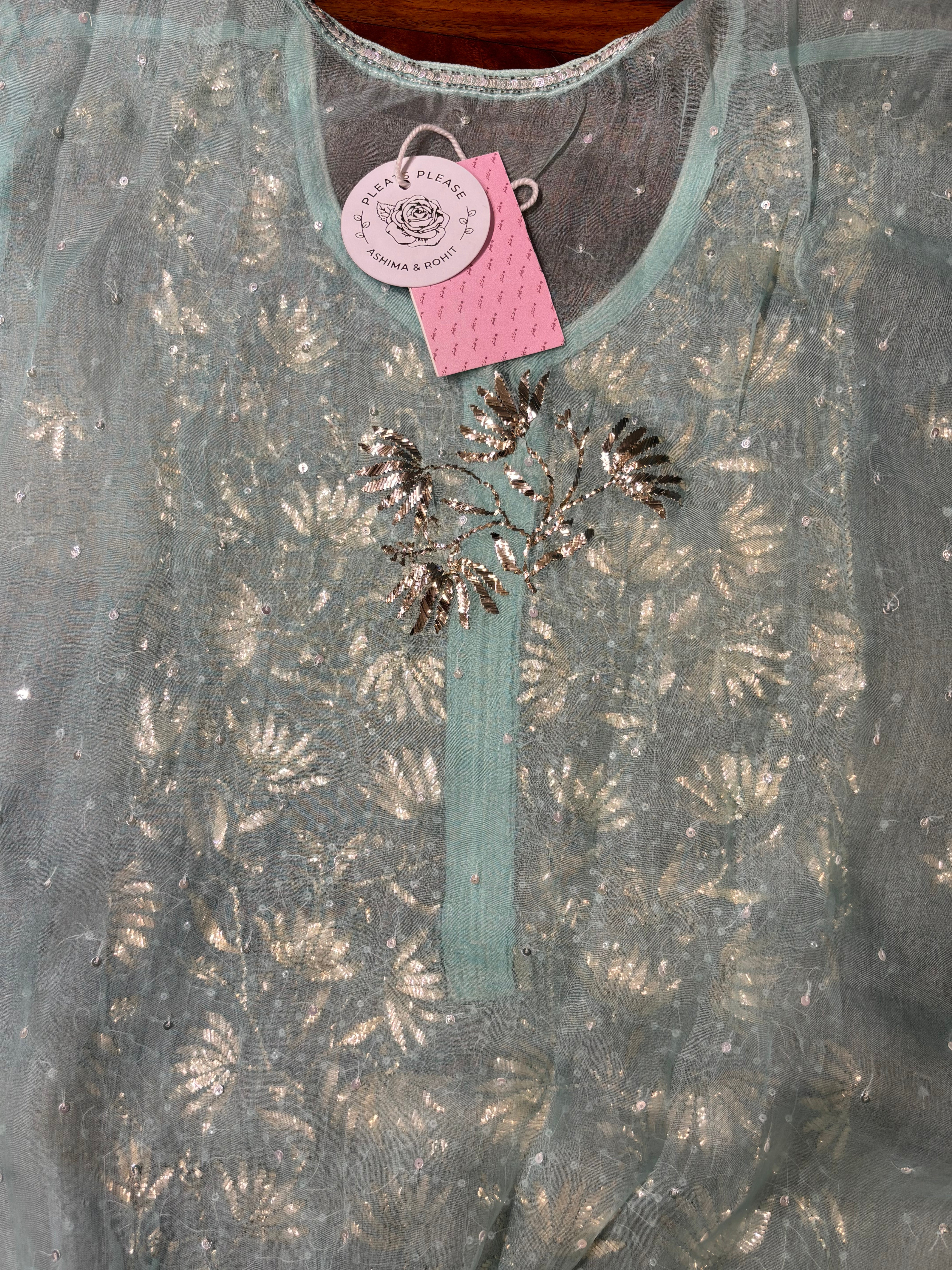 Aqua Blue Pure Organza Silk Mukaish Kurta & Dupatta - Pleats PleaseChikankari