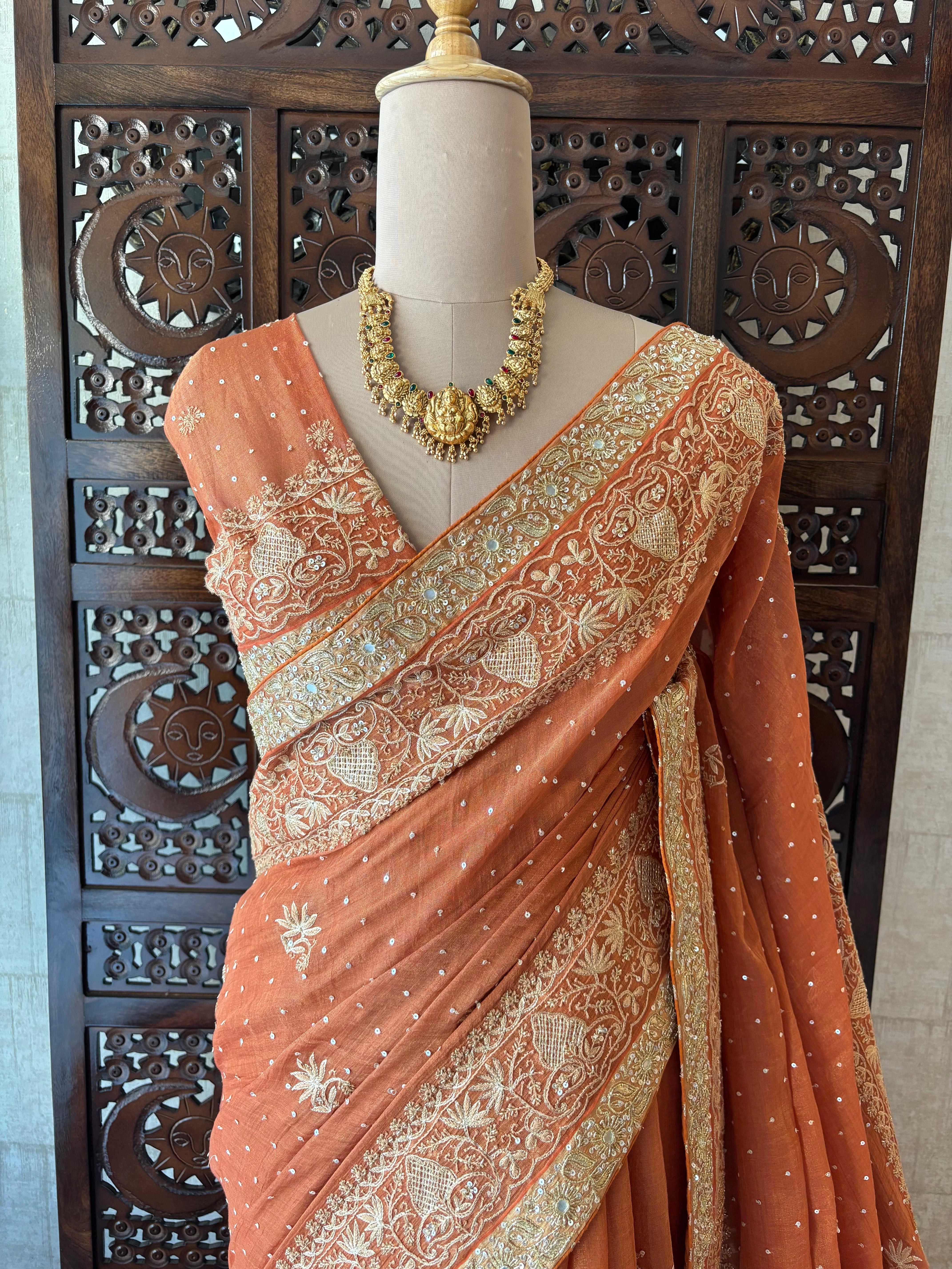 Burnt Orange Pure & Premium Tissue Chikankari Saree & Blouse