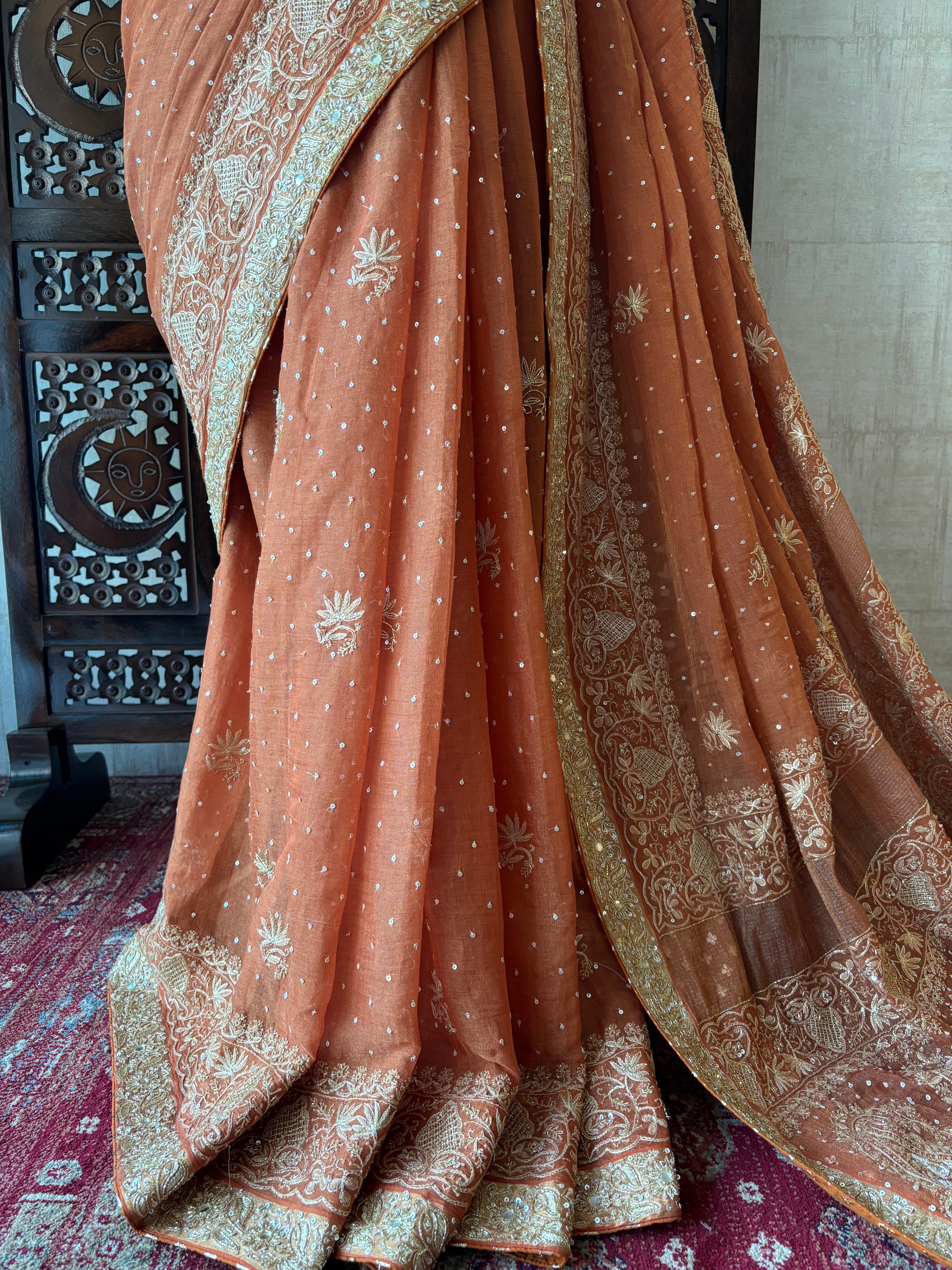 Burnt Orange Pure & Premium Tissue Chikankari Saree & Blouse