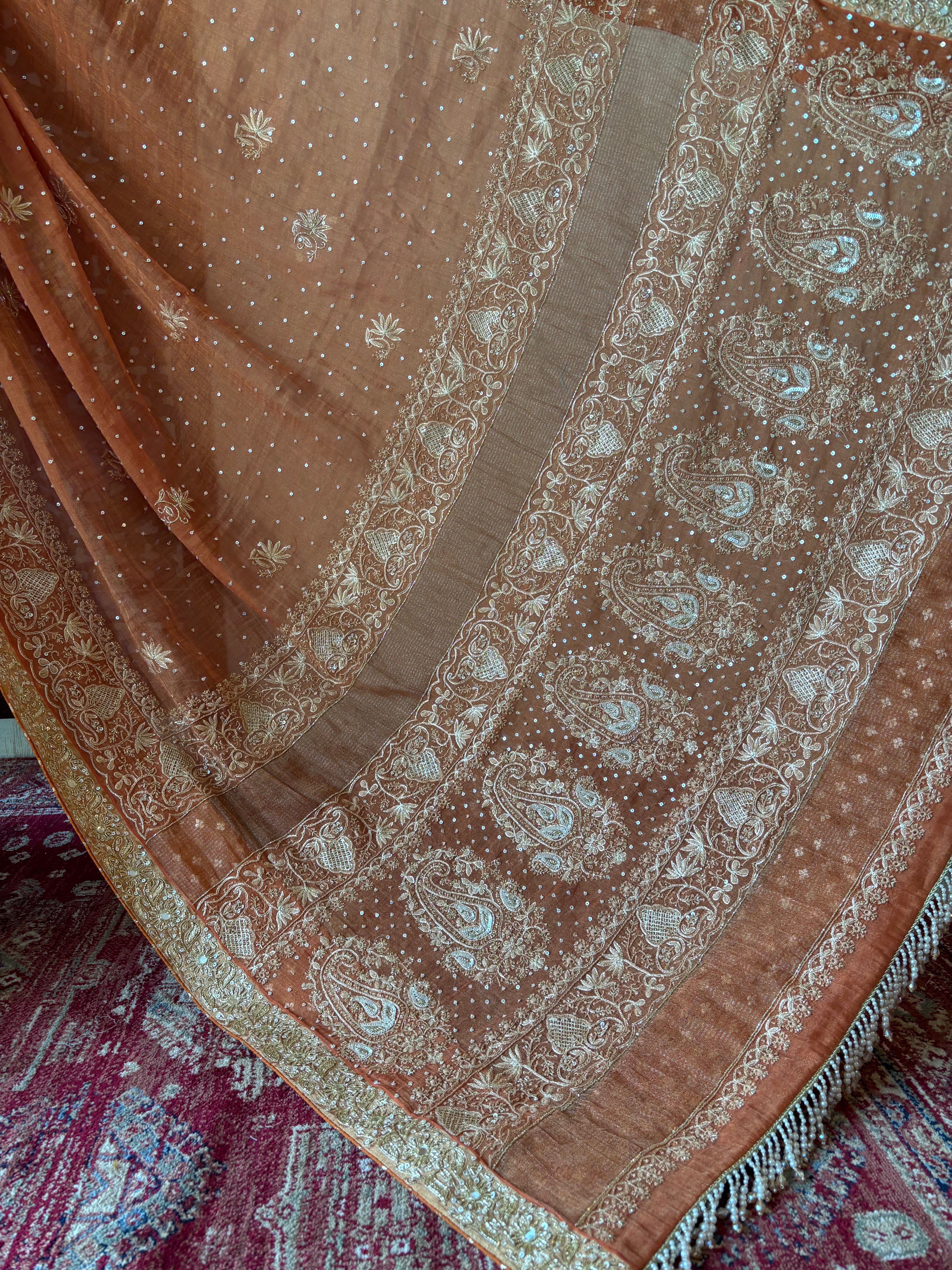 Burnt Orange Pure & Premium Tissue Chikankari Saree & Blouse