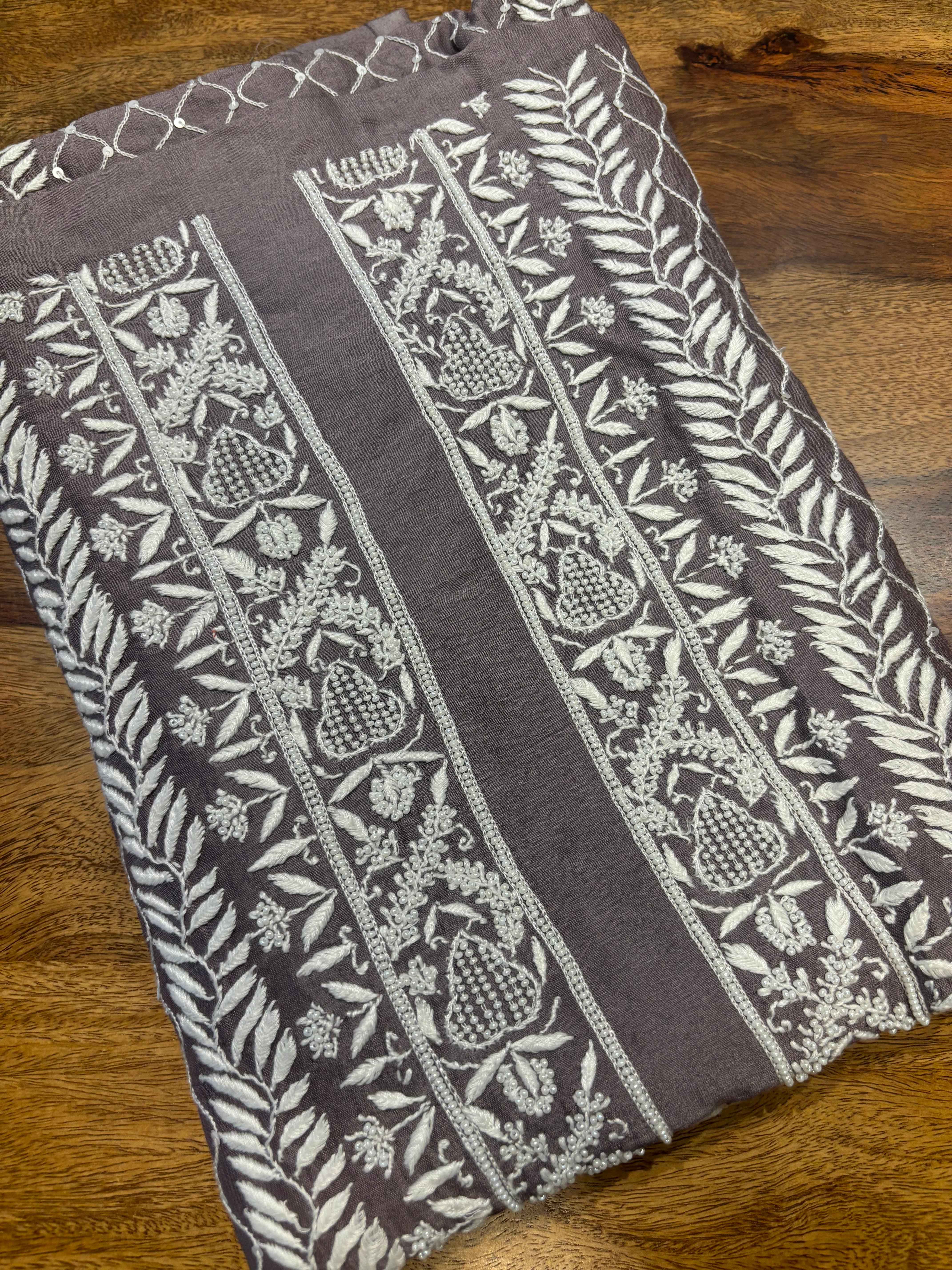 Midnight Purple Chanderi Silk Chikankari Men's Kurta Fabric - Pleats PleaseChikankari