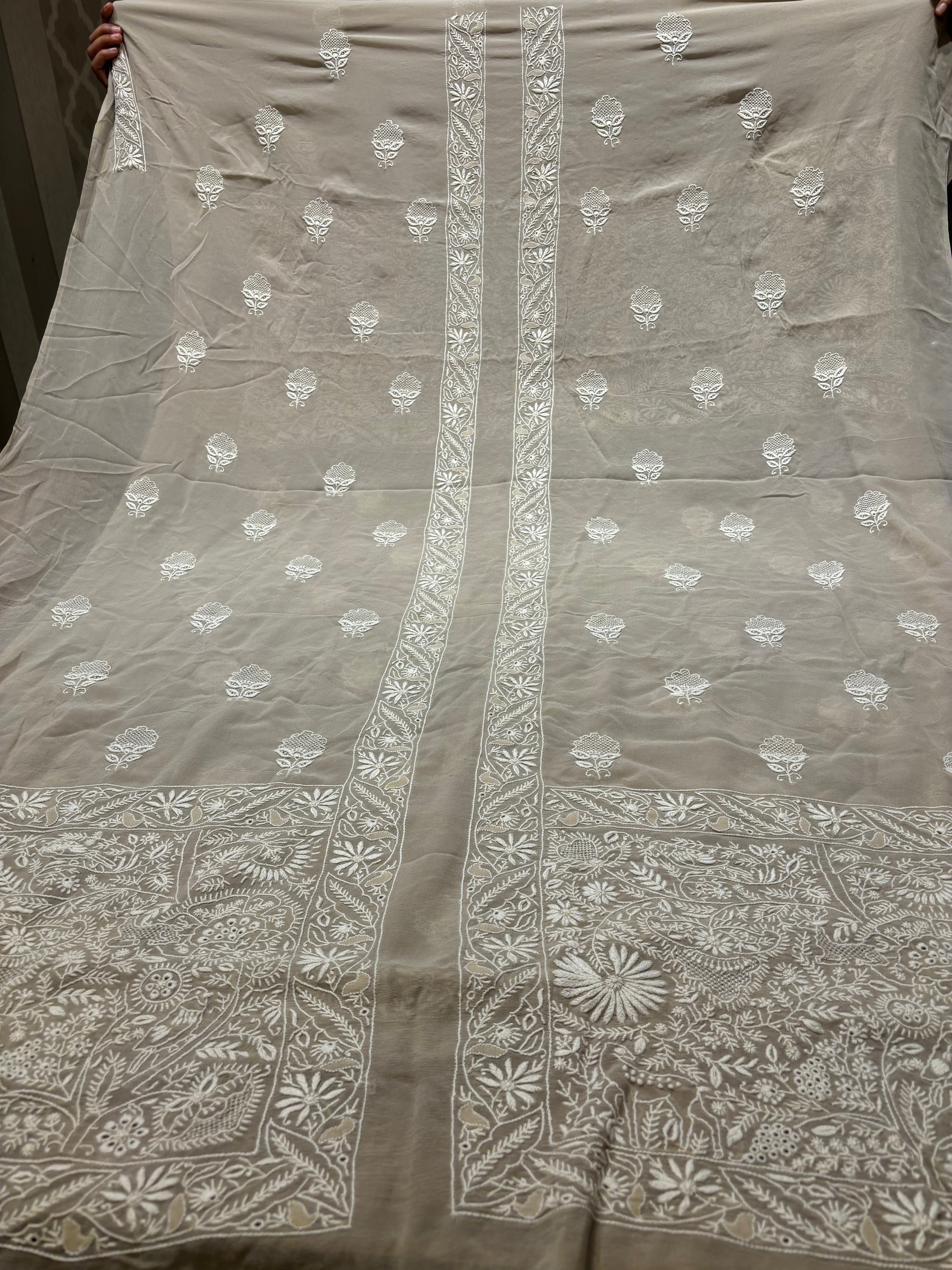 Greige Pure Georgette Chikankari Sherwani