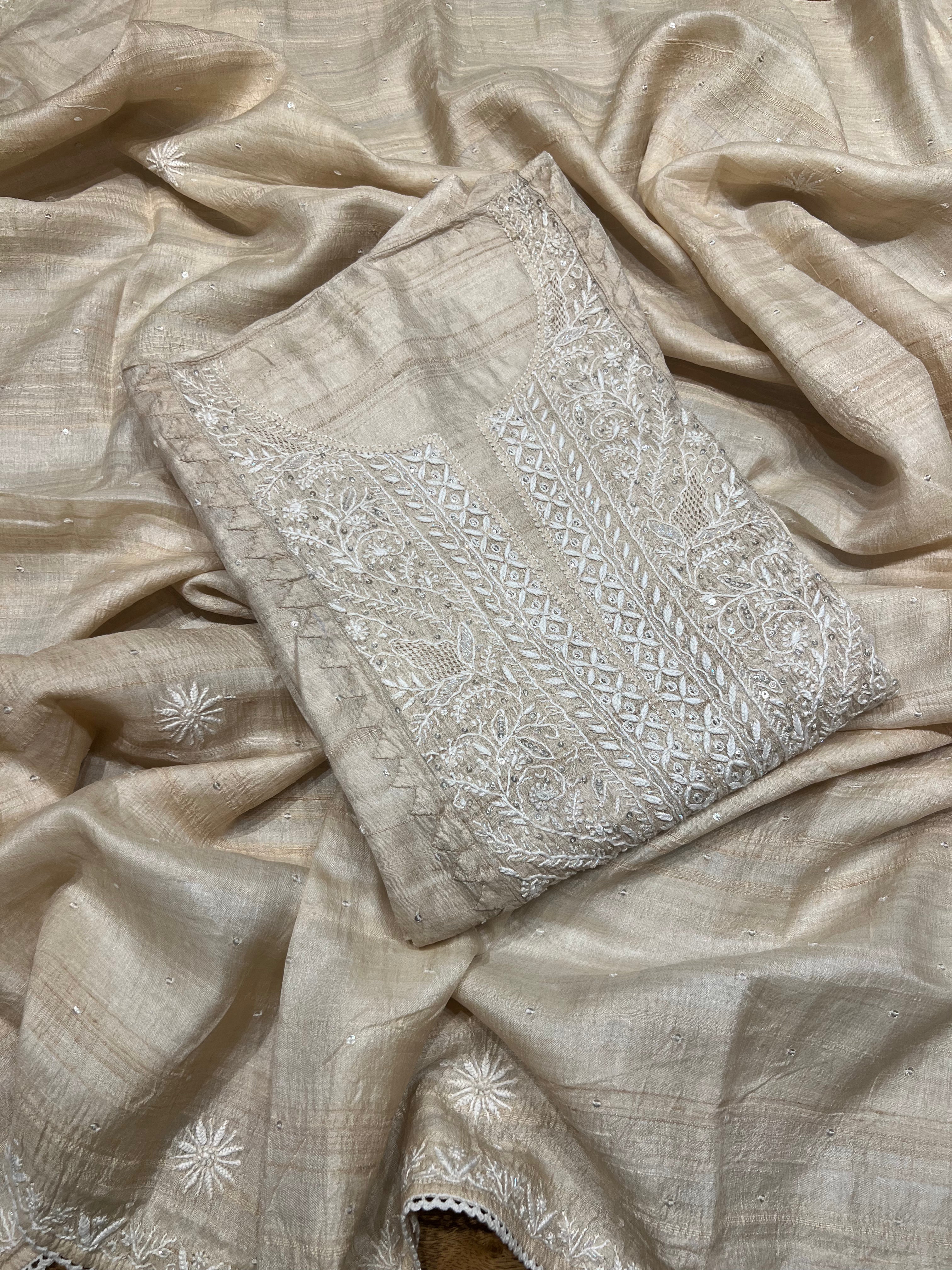 Dyeable Natural Silk Chikankari Kurta and Dupatta