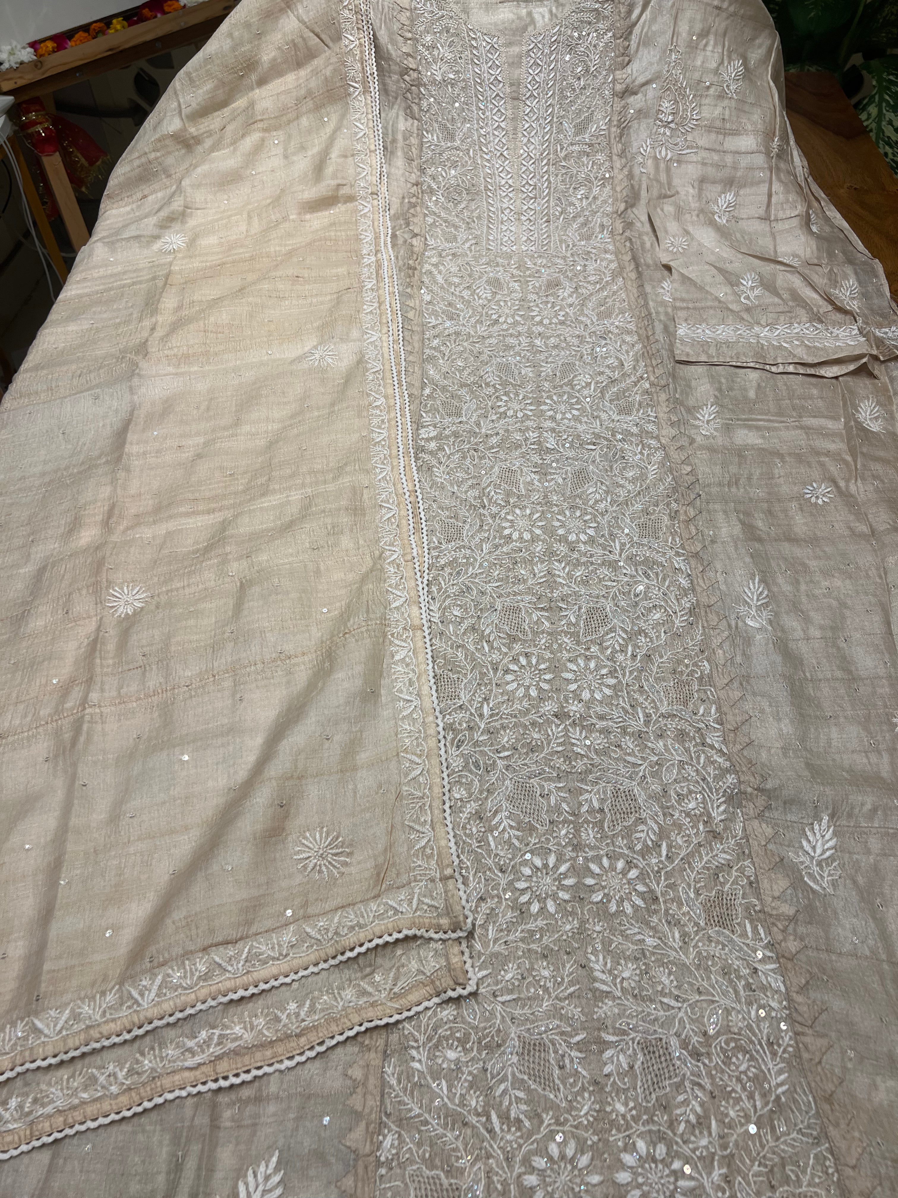 Dyeable Natural Silk Chikankari Kurta and Dupatta