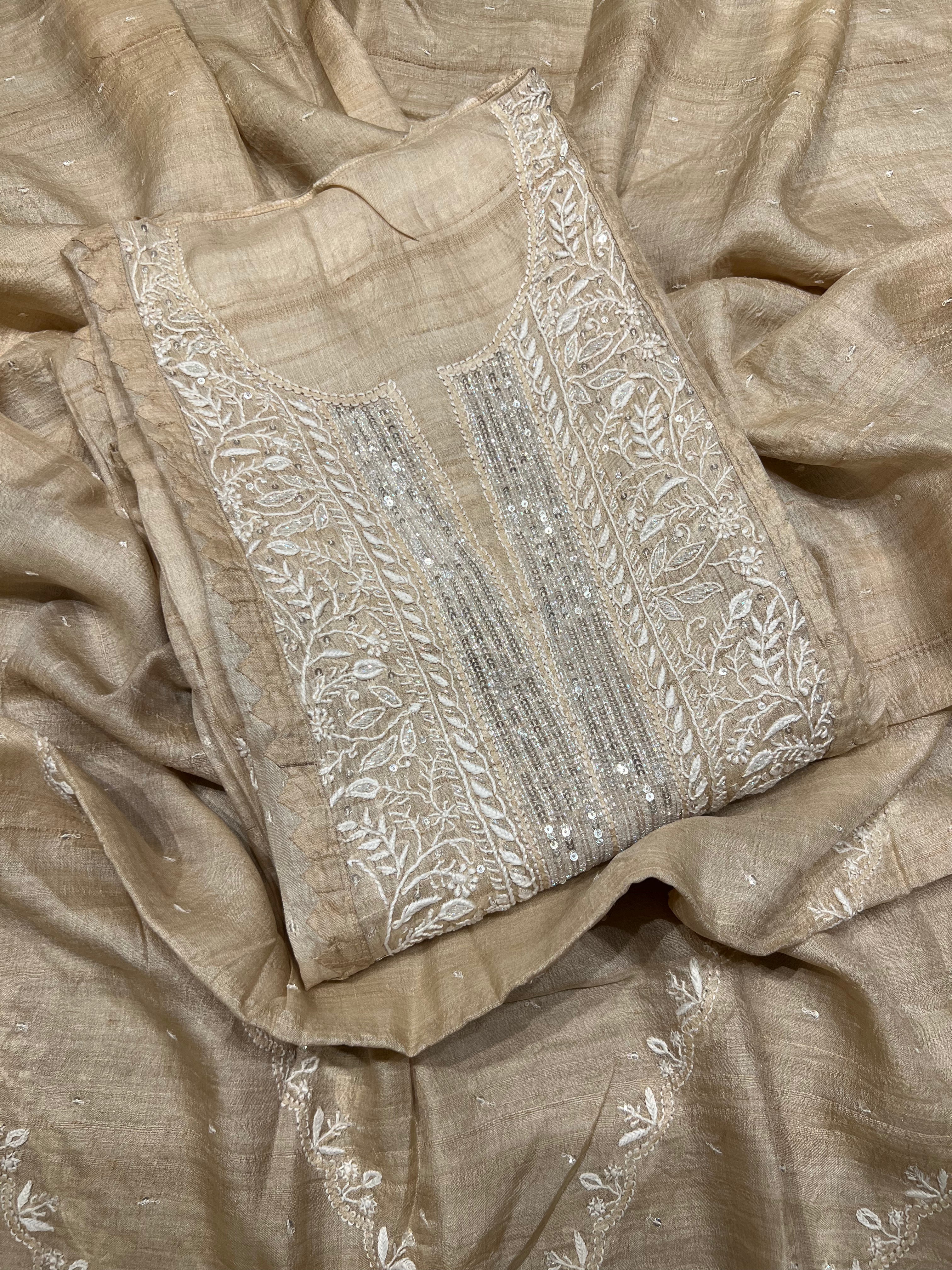 Dyeable Natural Silk Chikankari Kurta and Dupatta