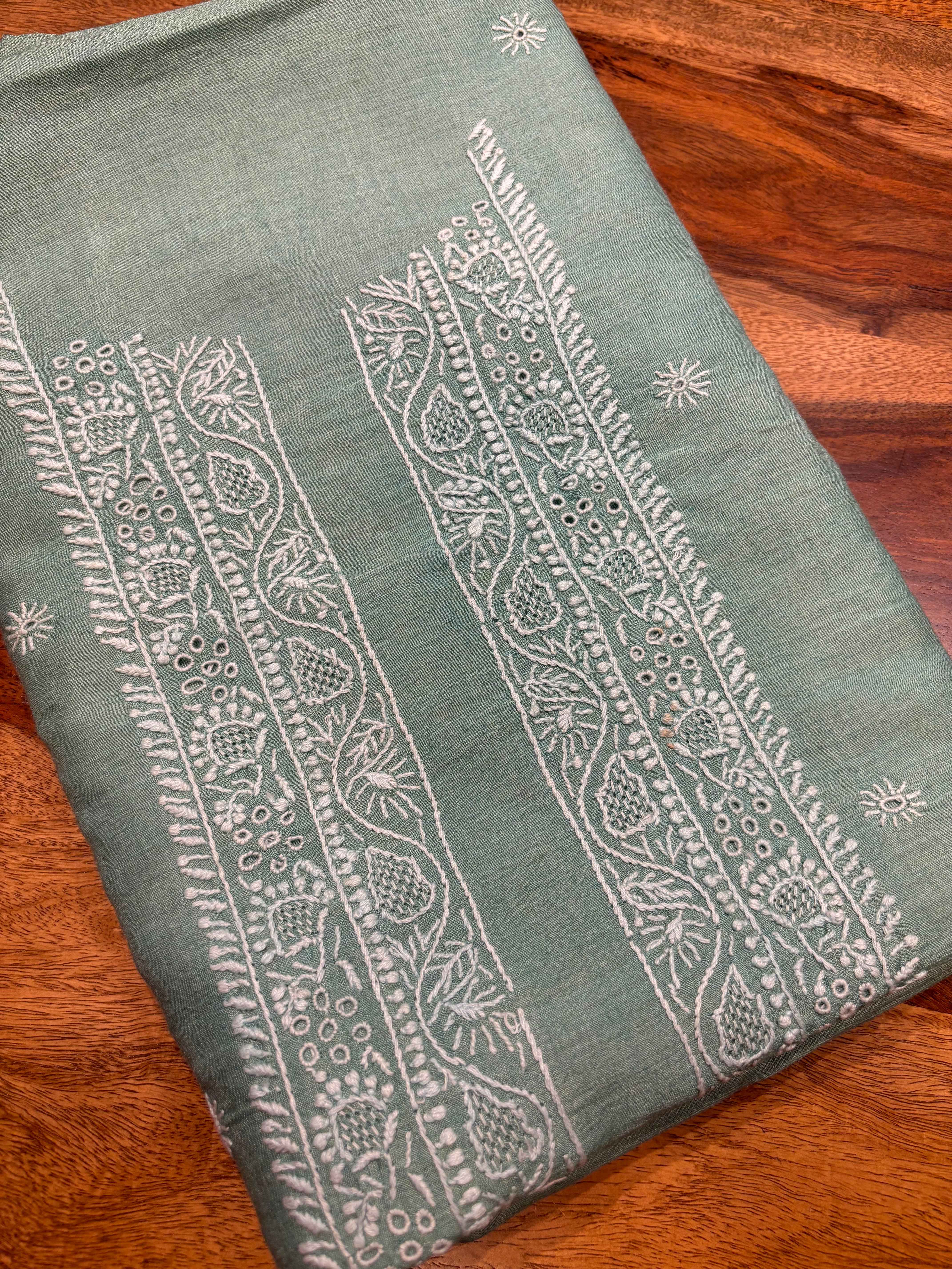 Teal Tussar Silk Chikankari Men's Kurta - Pleats PleaseChikankari