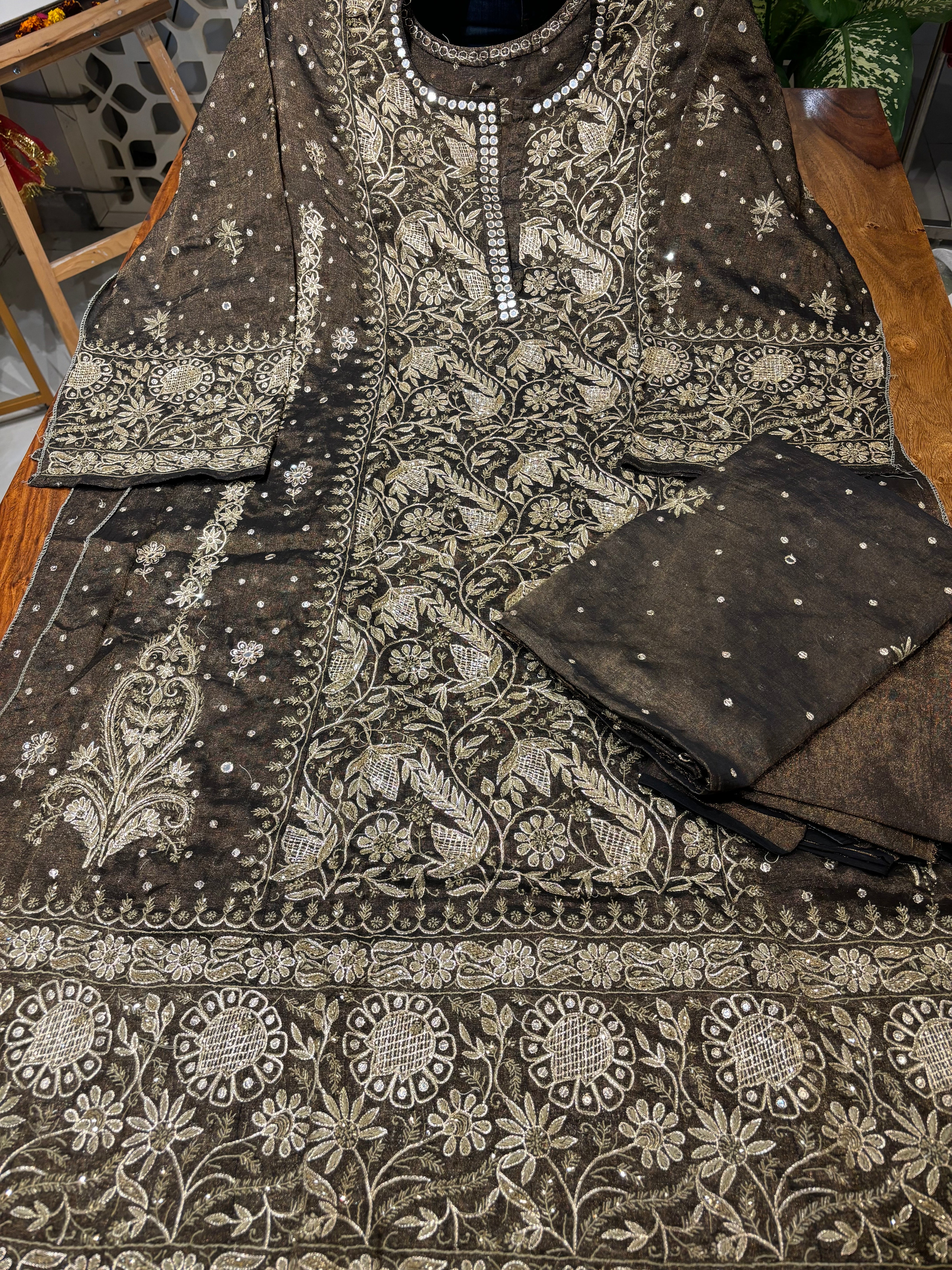 Black Pure Tissue Chikankari A line kurta and Dupatta