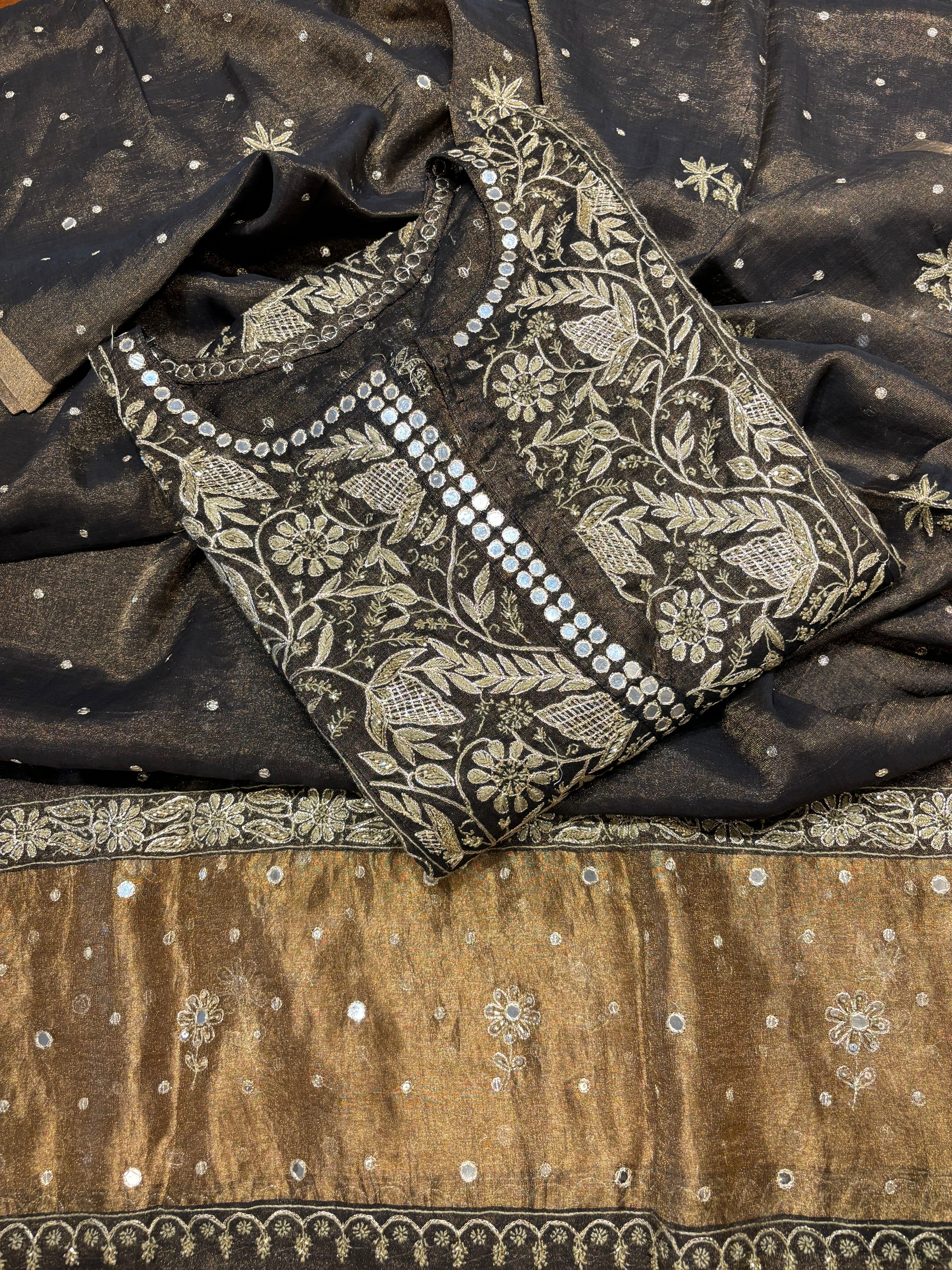 Black Pure Tissue Chikankari A line kurta and Dupatta