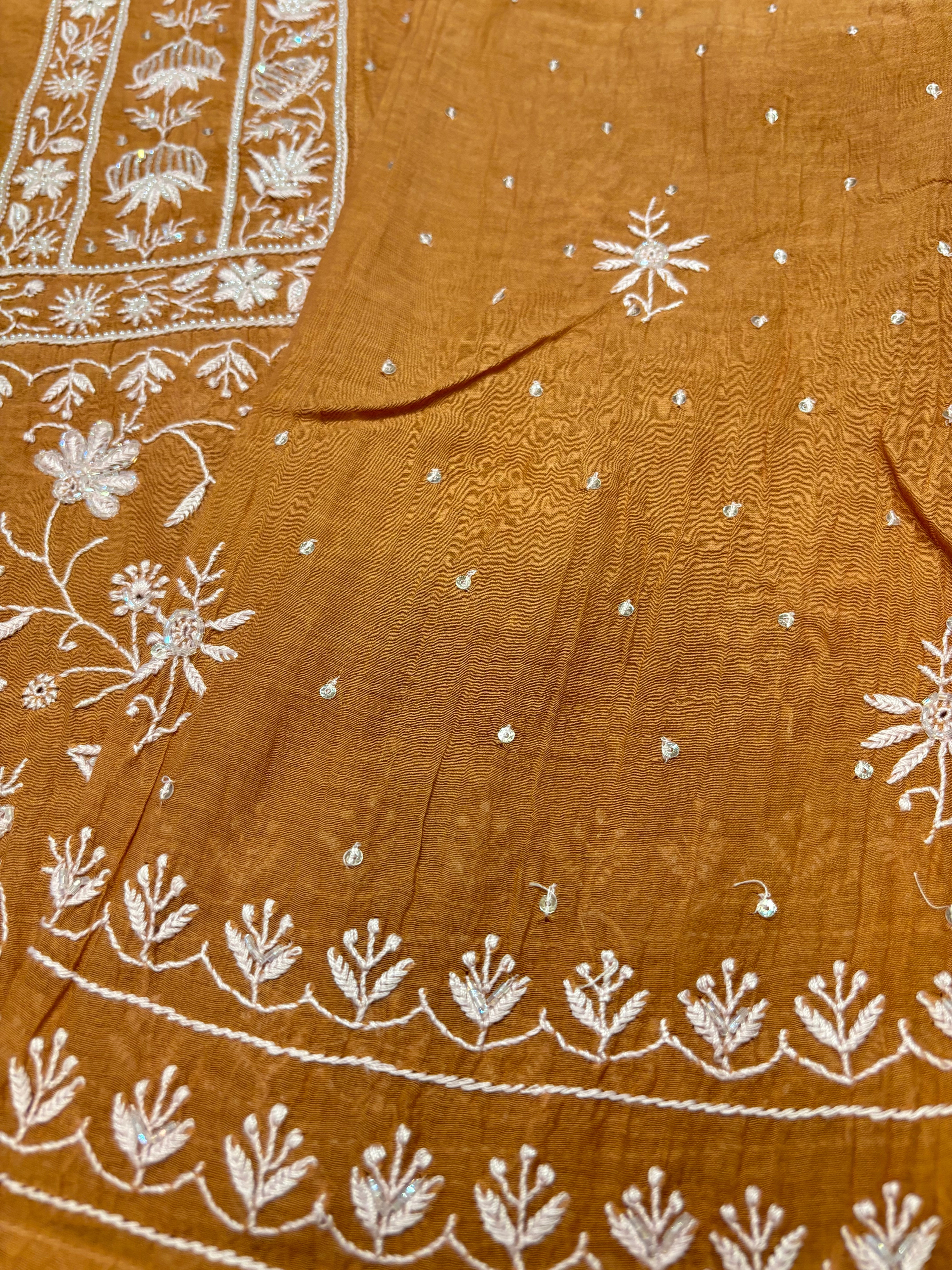 Mustard Chanderi Mul Chikankari Anarkali and Dupatta