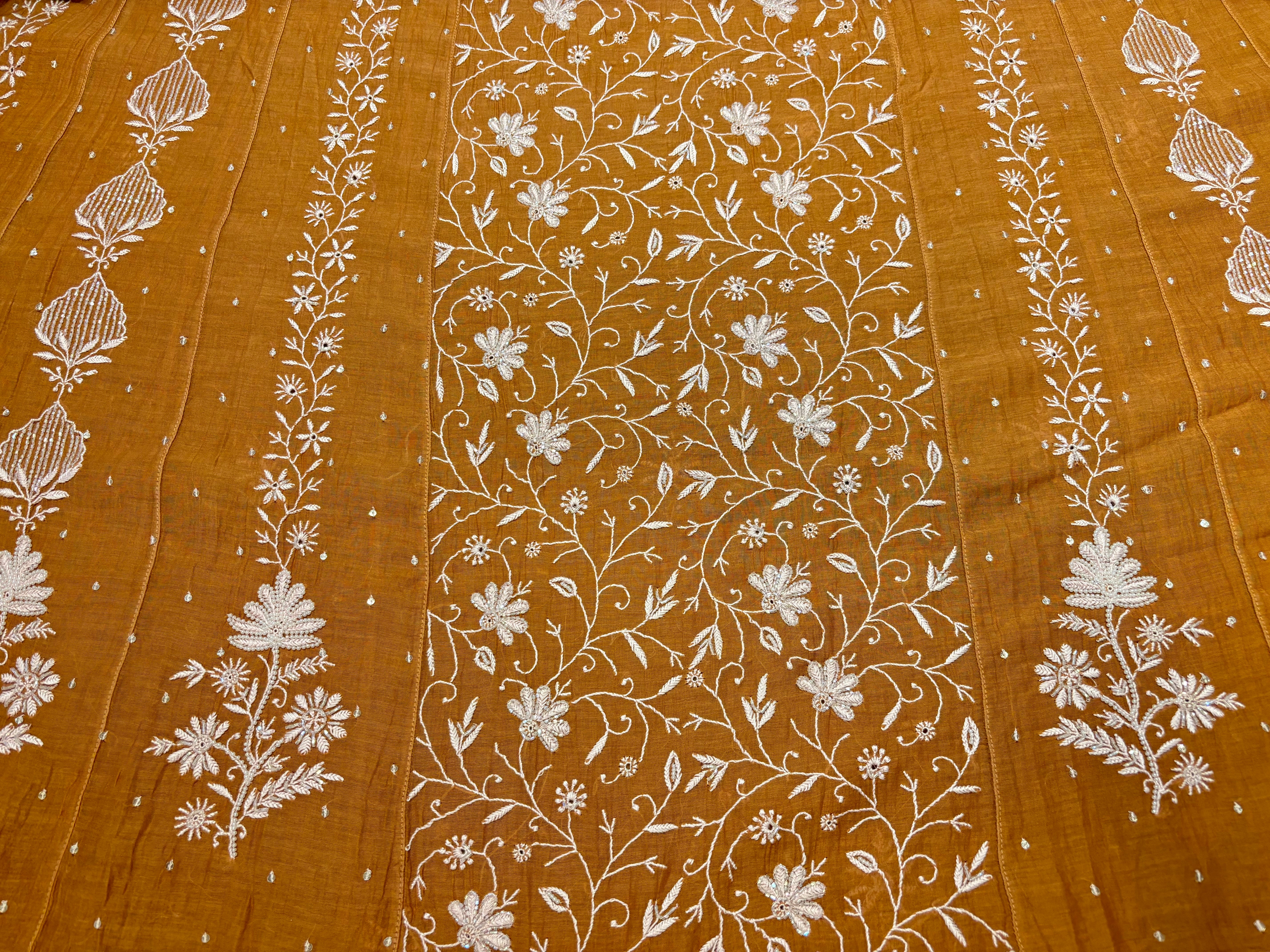 Mustard Chanderi Mul Chikankari Anarkali and Dupatta