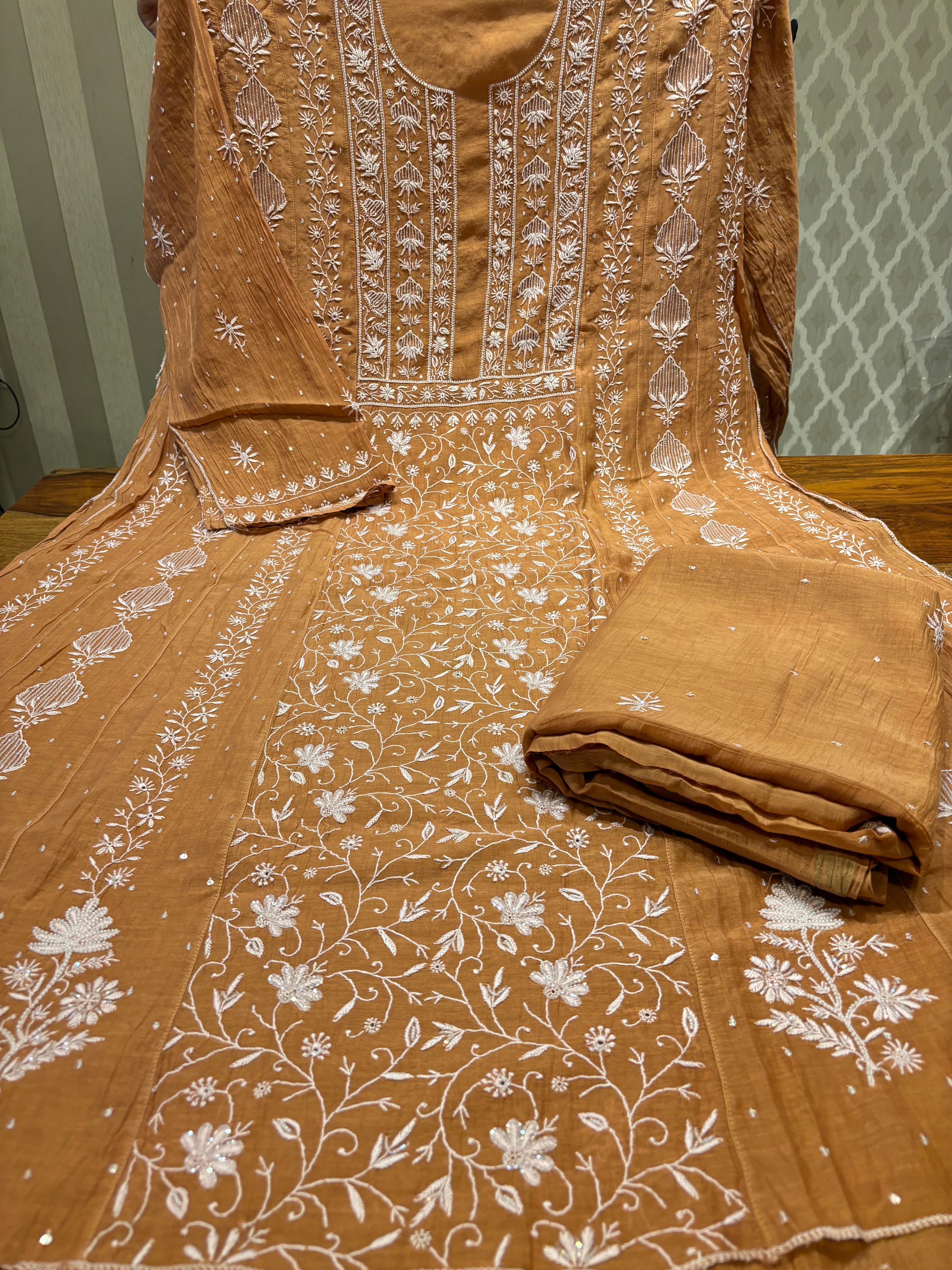 Mustard Chanderi Mul Chikankari Anarkali and Dupatta