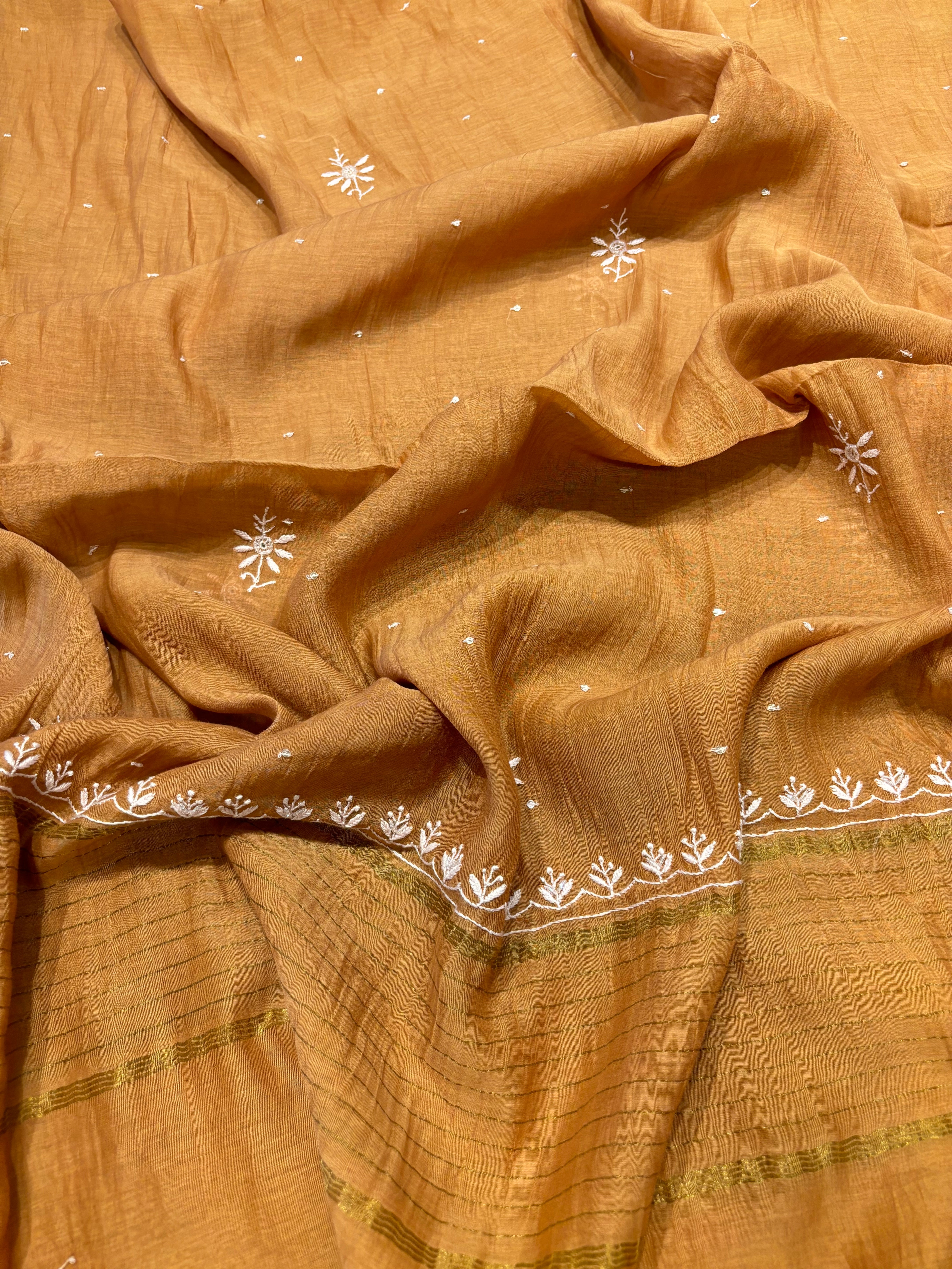 Mustard Chanderi Mul Chikankari Anarkali and Dupatta