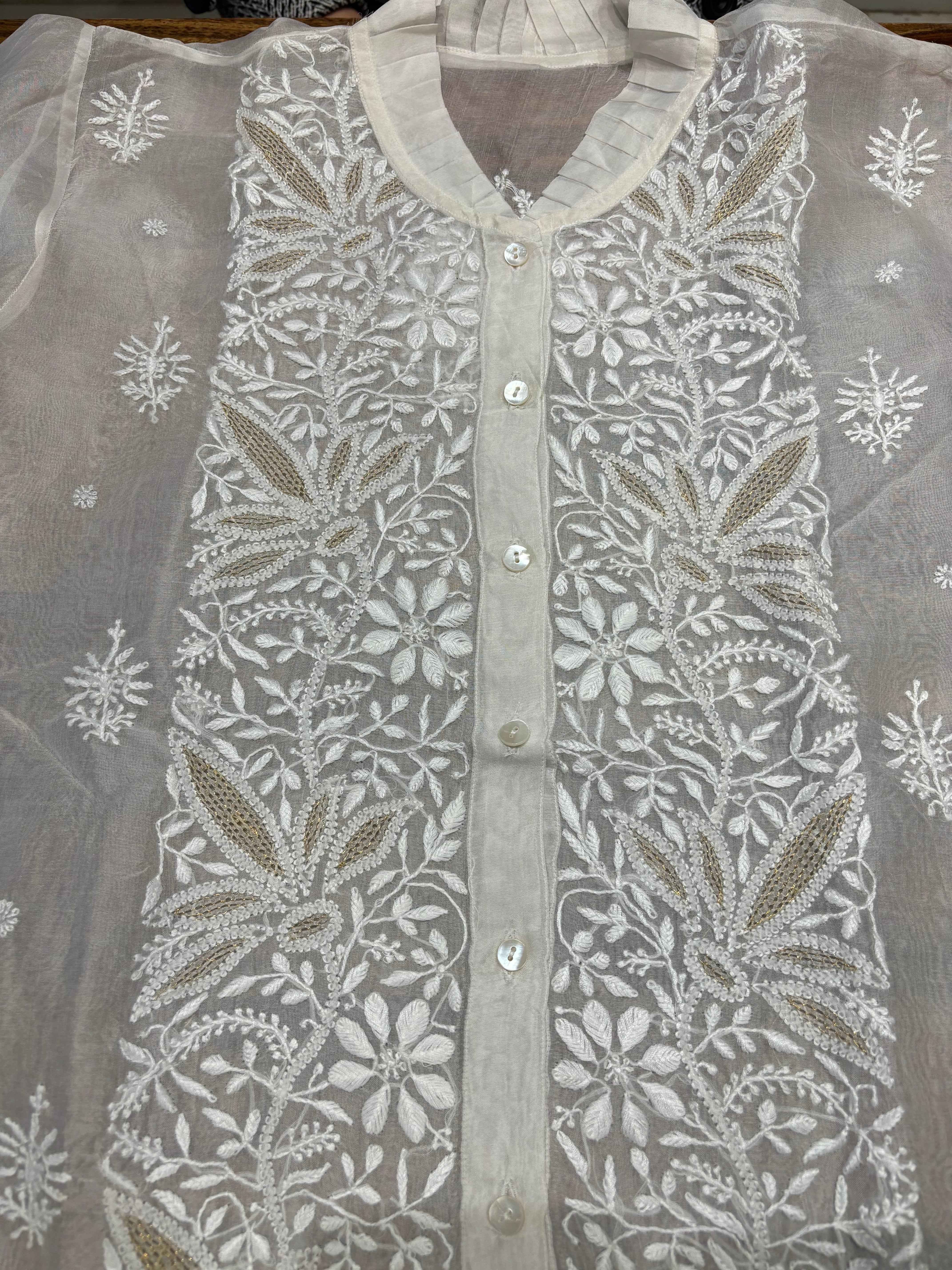 Dyeable Organza Silk Chikankari Shirt - Pleats PleaseChikankari