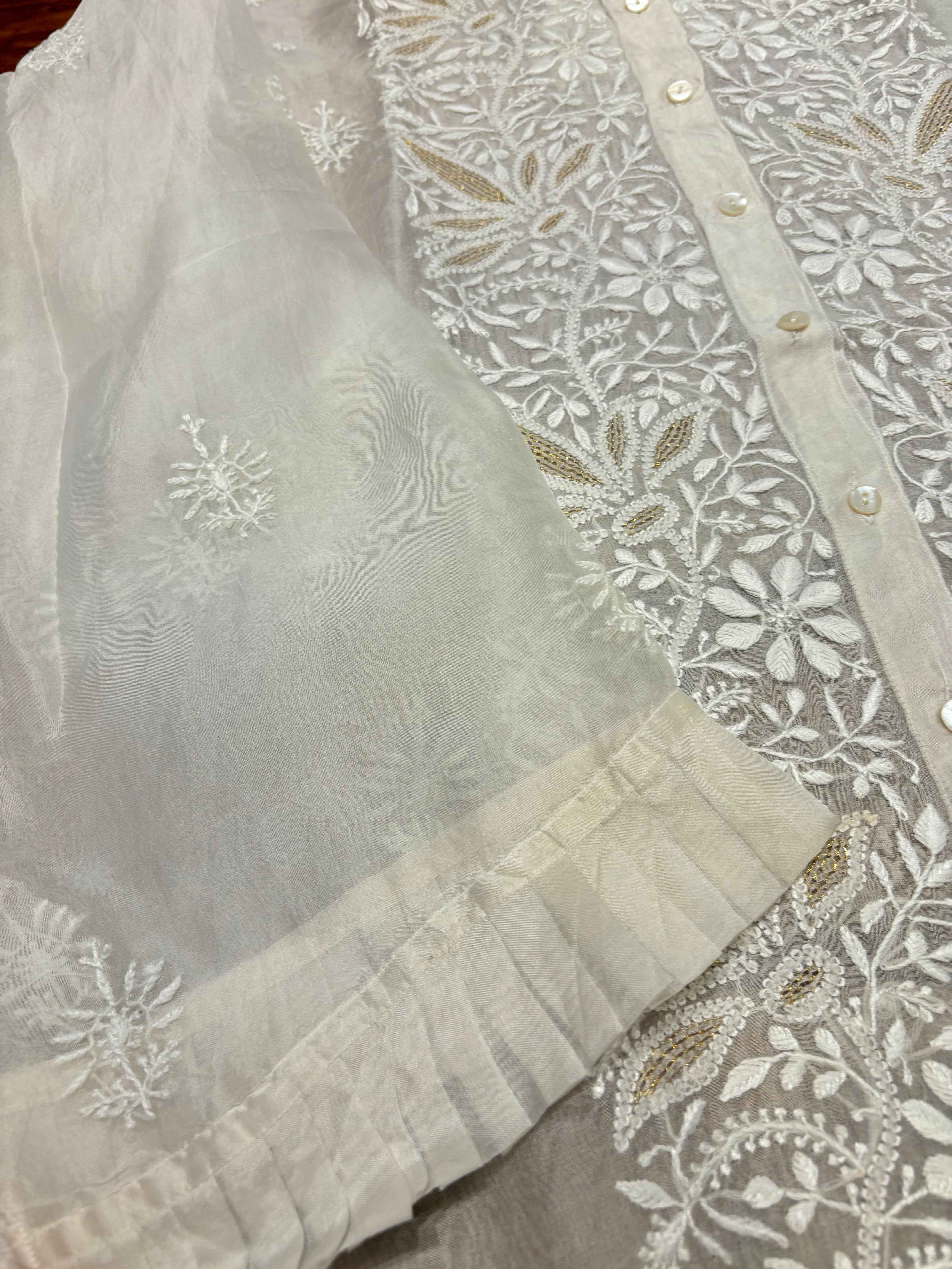 Dyeable Organza Silk Chikankari Shirt - Pleats PleaseChikankari