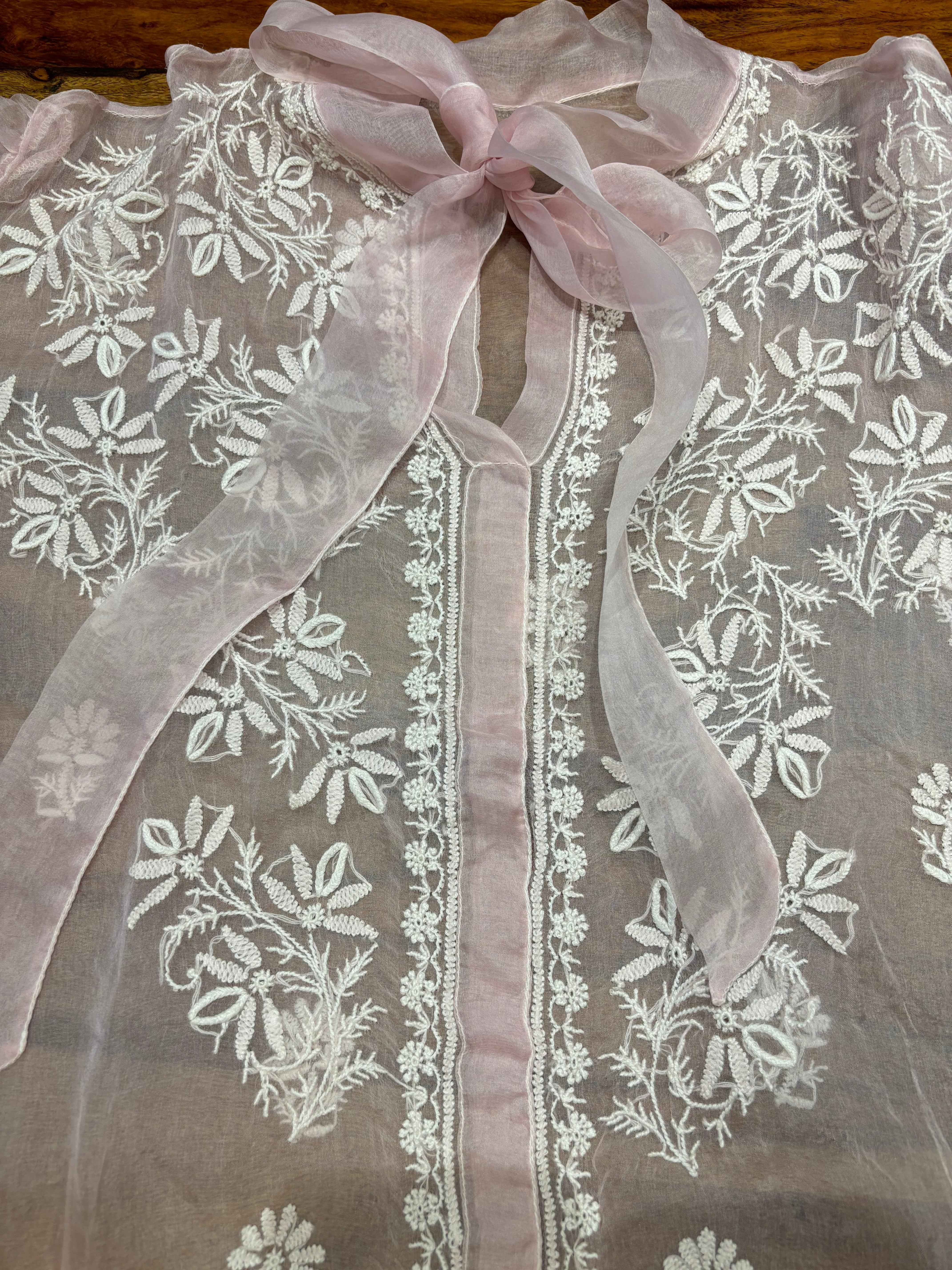 Blush Pink Organza Silk Chikankari Shirt - Pleats PleaseChikankari
