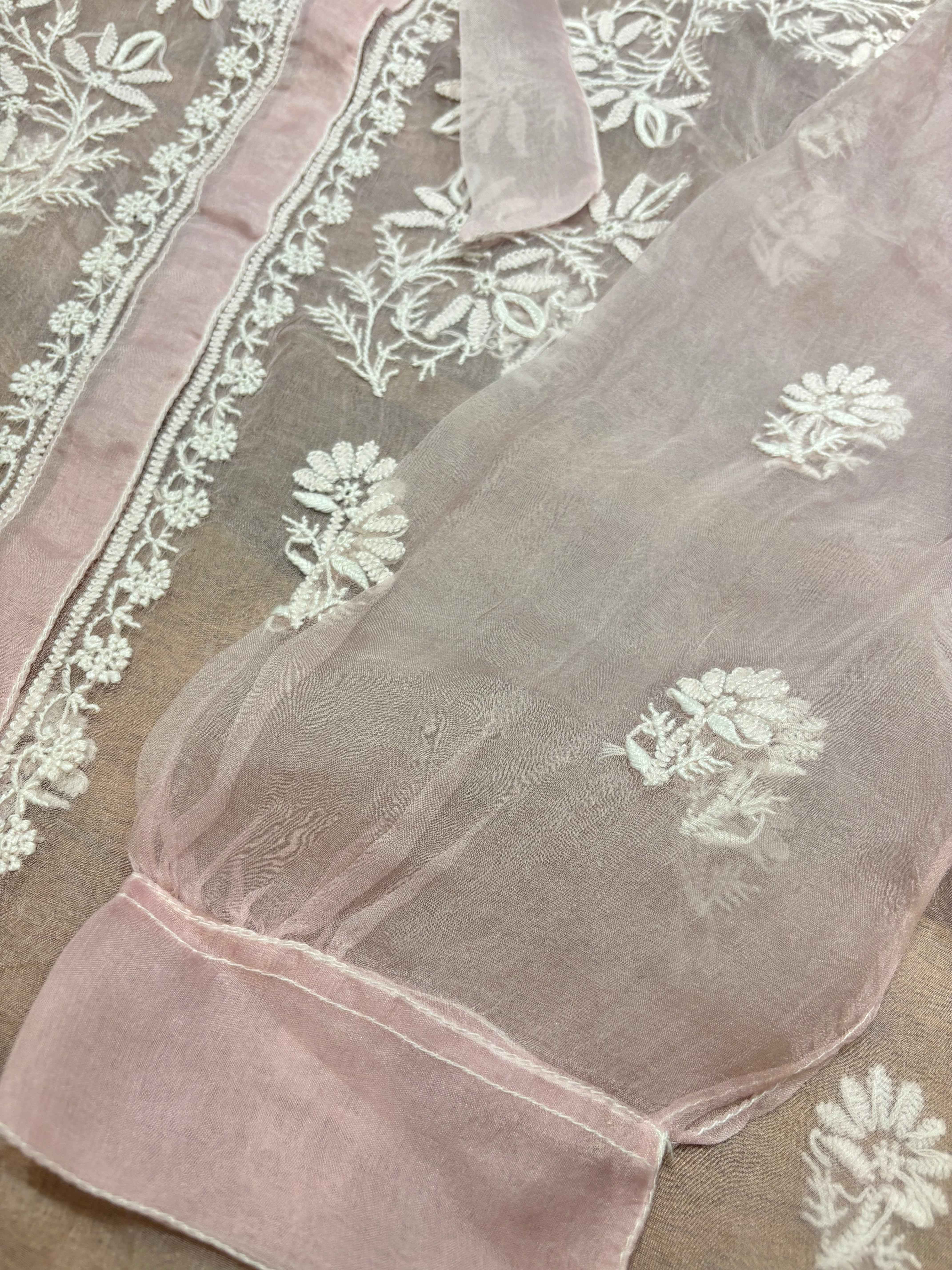 Blush Pink Organza Silk Chikankari Shirt - Pleats PleaseChikankari