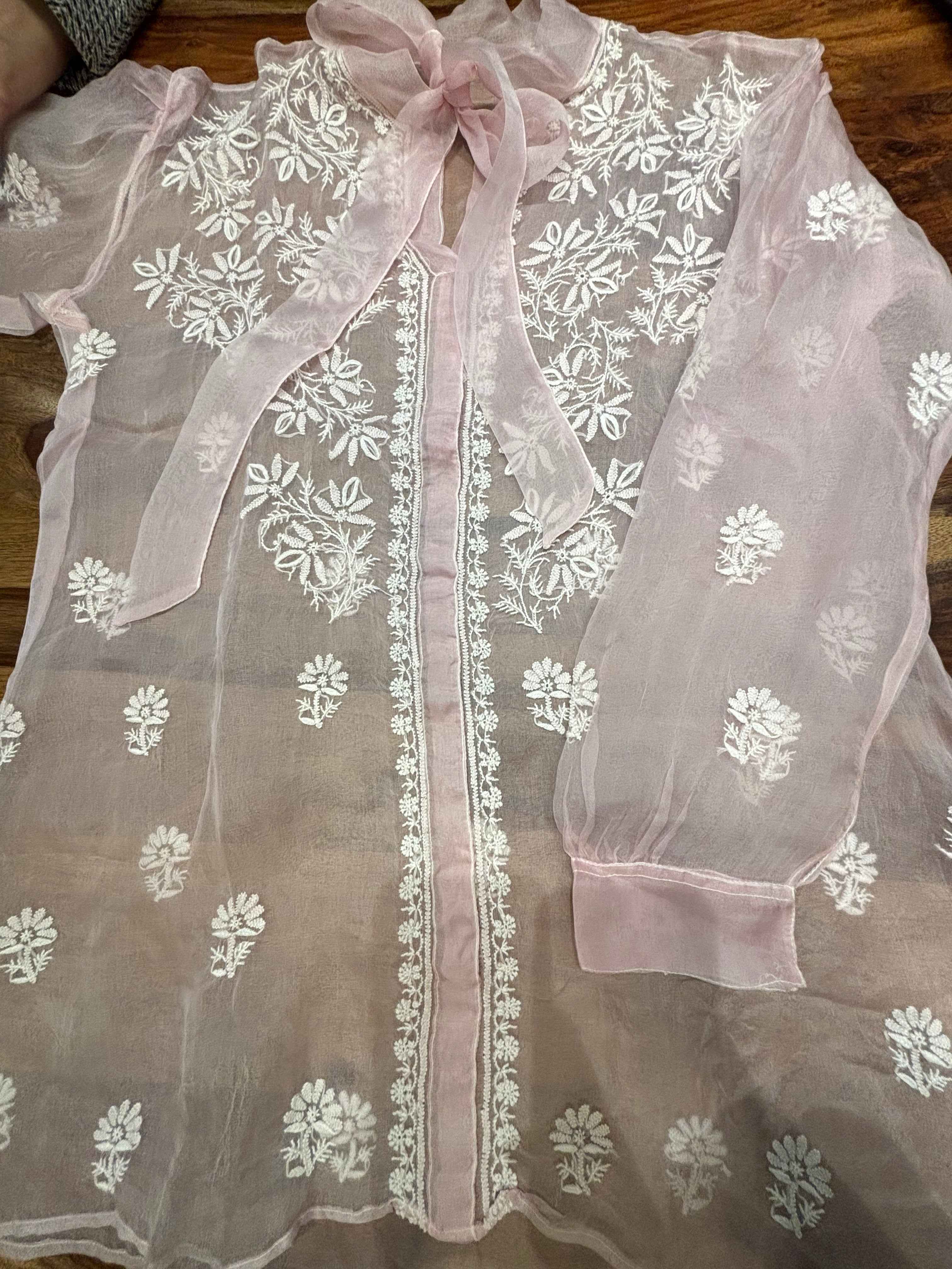 Blush Pink Organza Silk Chikankari Shirt - Pleats PleaseChikankari