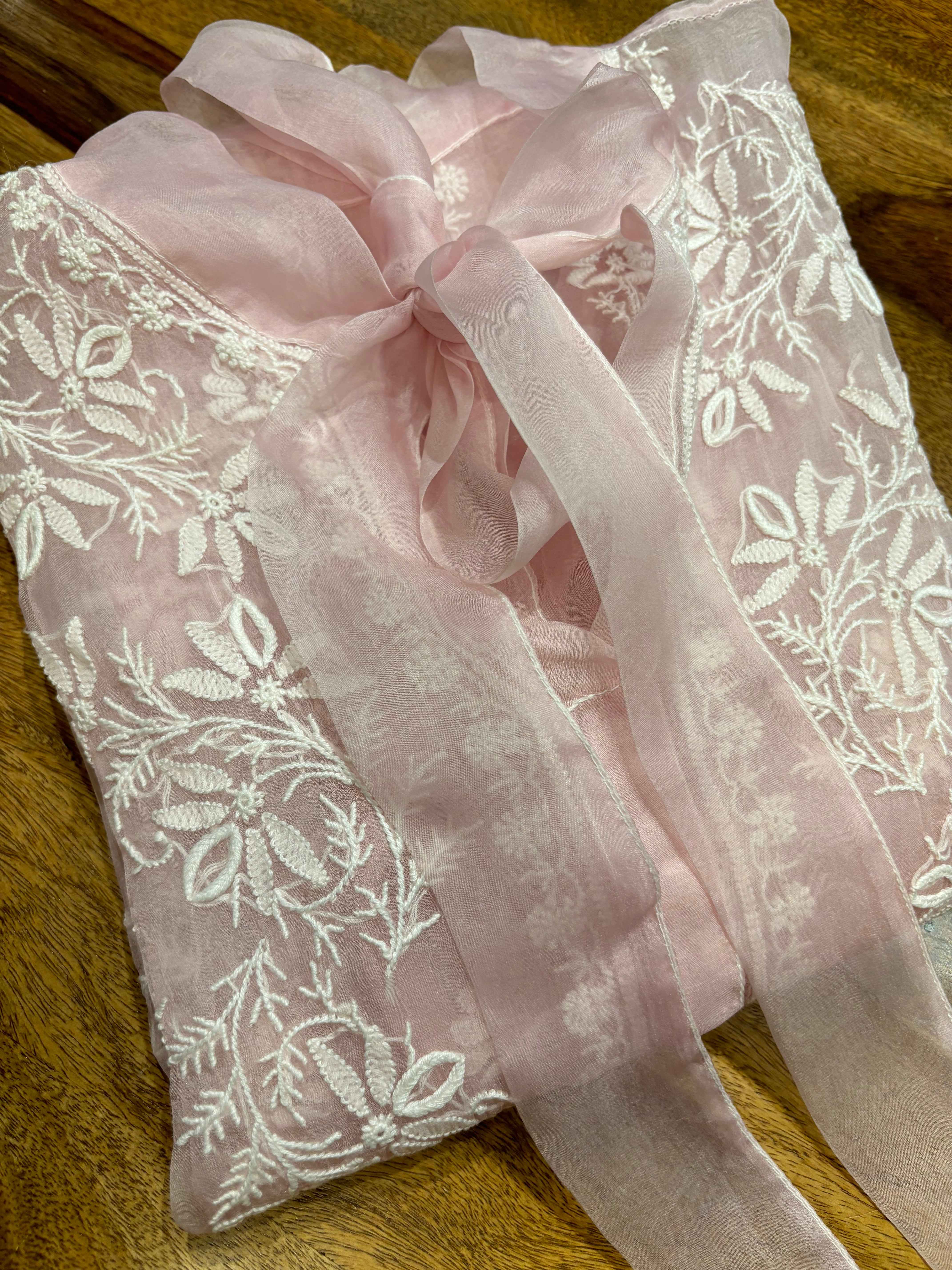 Blush Pink Organza Silk Chikankari Shirt - Pleats PleaseChikankari