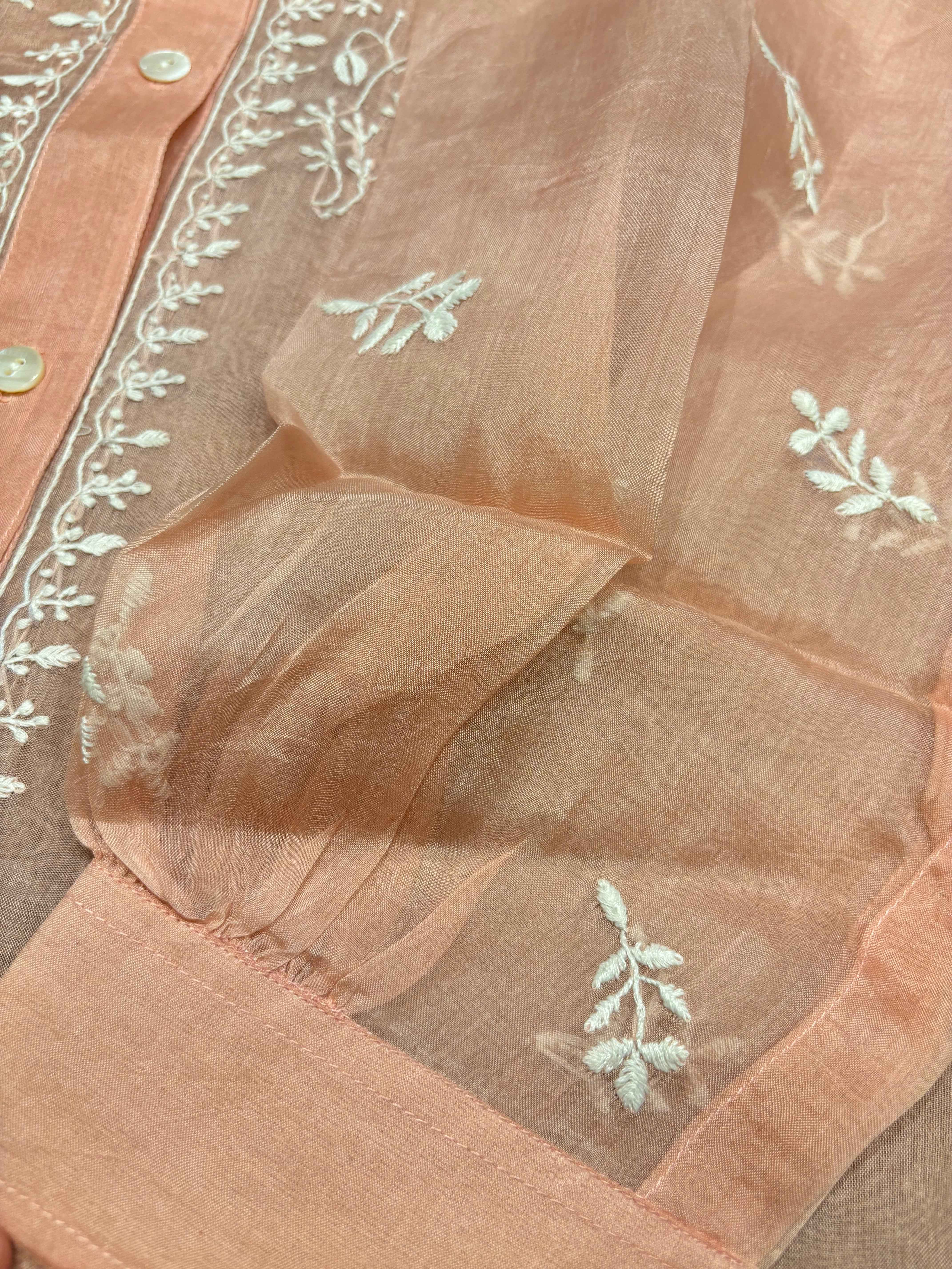 Dusty Peach Organza Silk Chikankari Shirt - Pleats PleaseChikankari