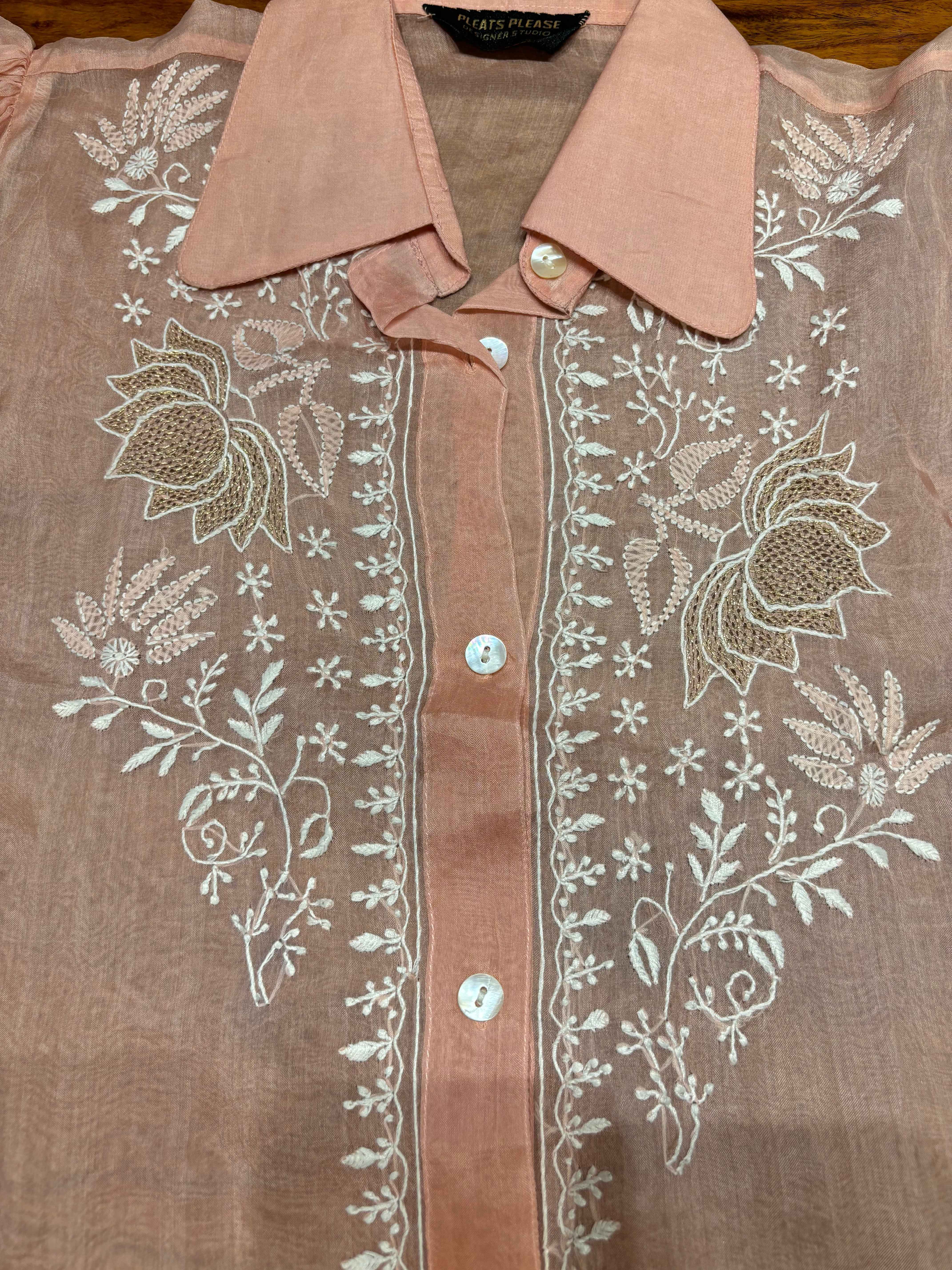 Dusty Peach Organza Silk Chikankari Shirt - Pleats PleaseChikankari