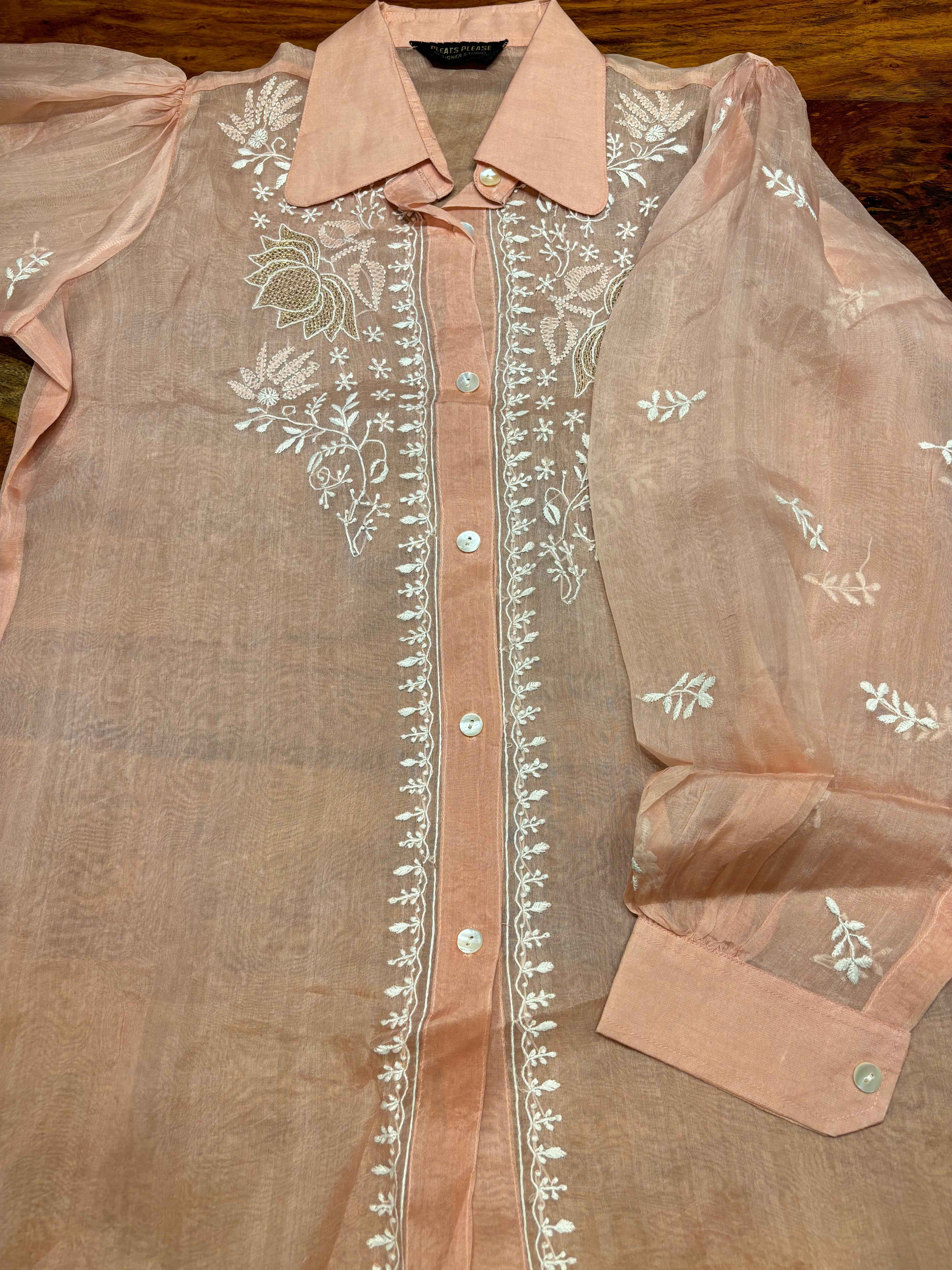 Dusty Peach Organza Silk Chikankari Shirt - Pleats PleaseChikankari