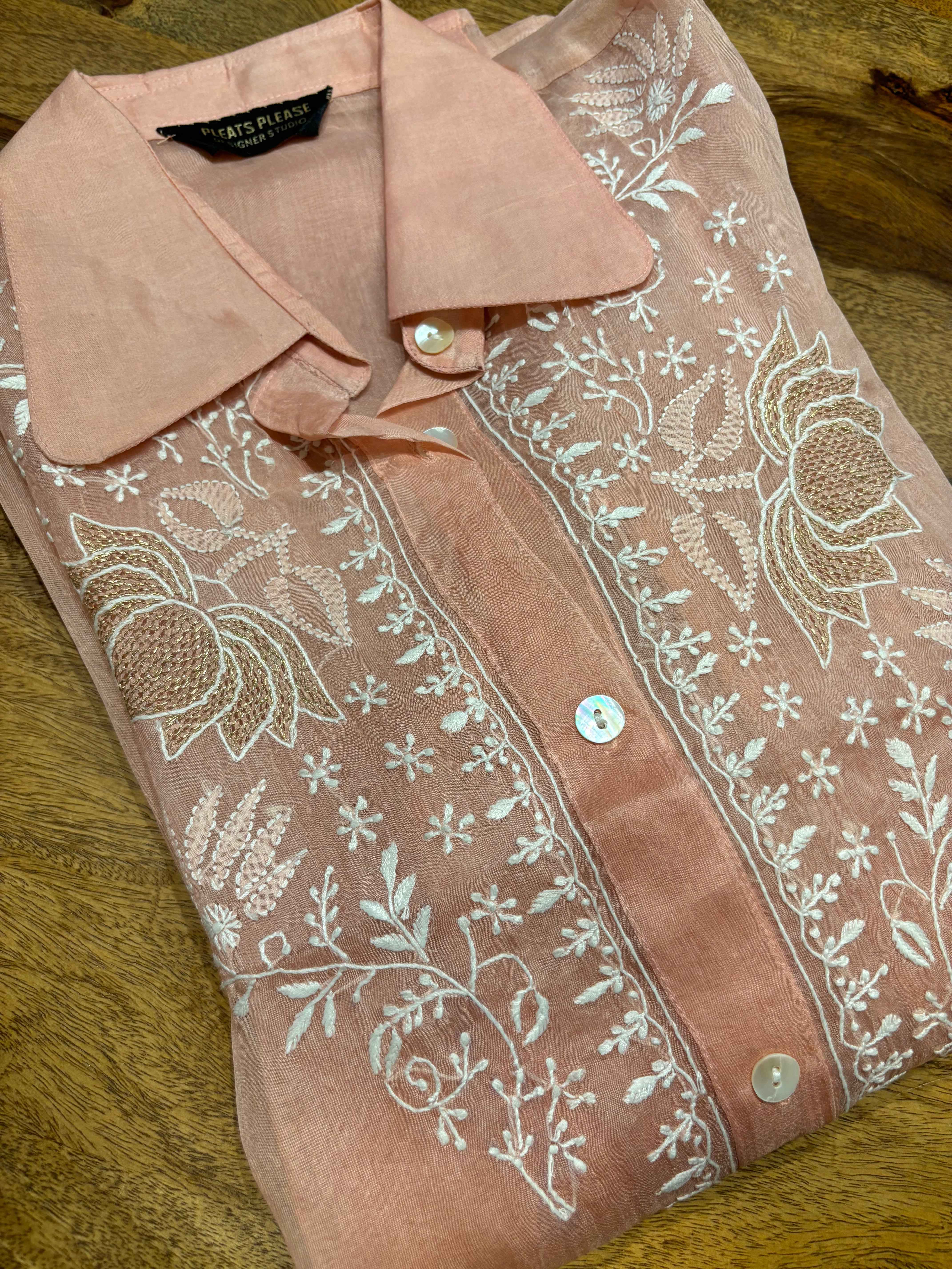 Dusty Peach Organza Silk Chikankari Shirt - Pleats PleaseChikankari