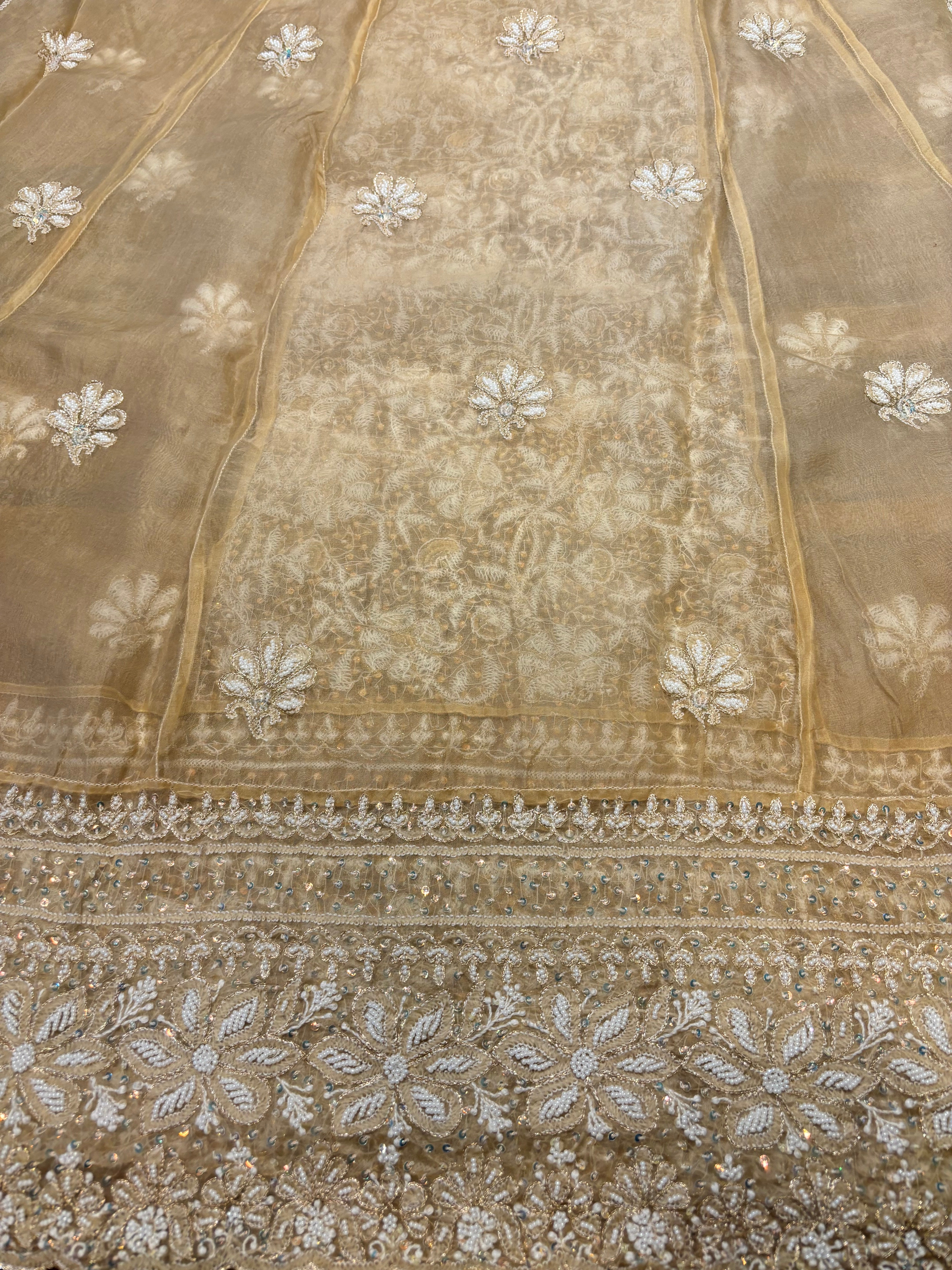Oscar Gold Organza Silk Chikankari Anarkali and Dupatta