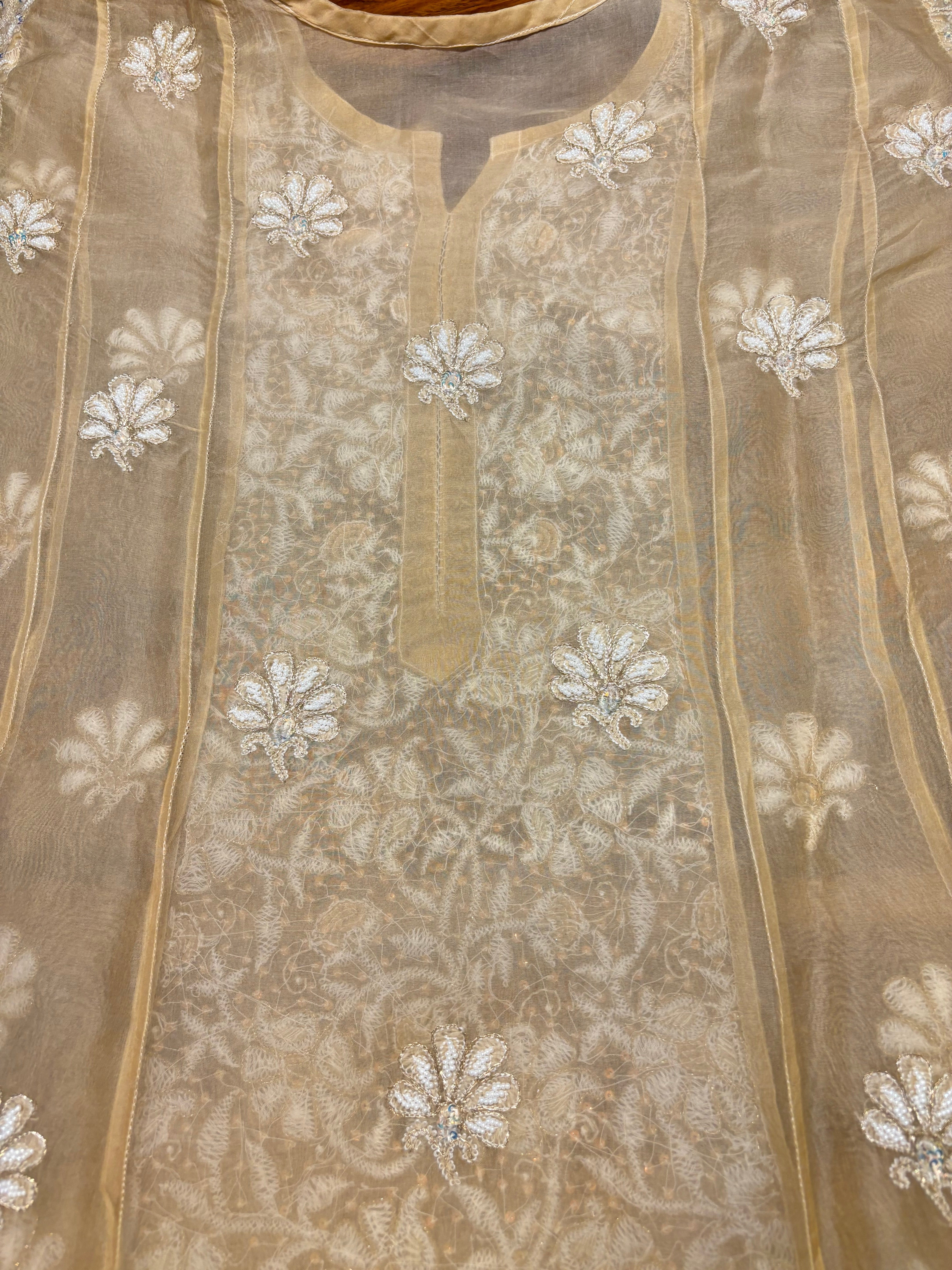 Oscar Gold Organza Silk Chikankari Anarkali and Dupatta