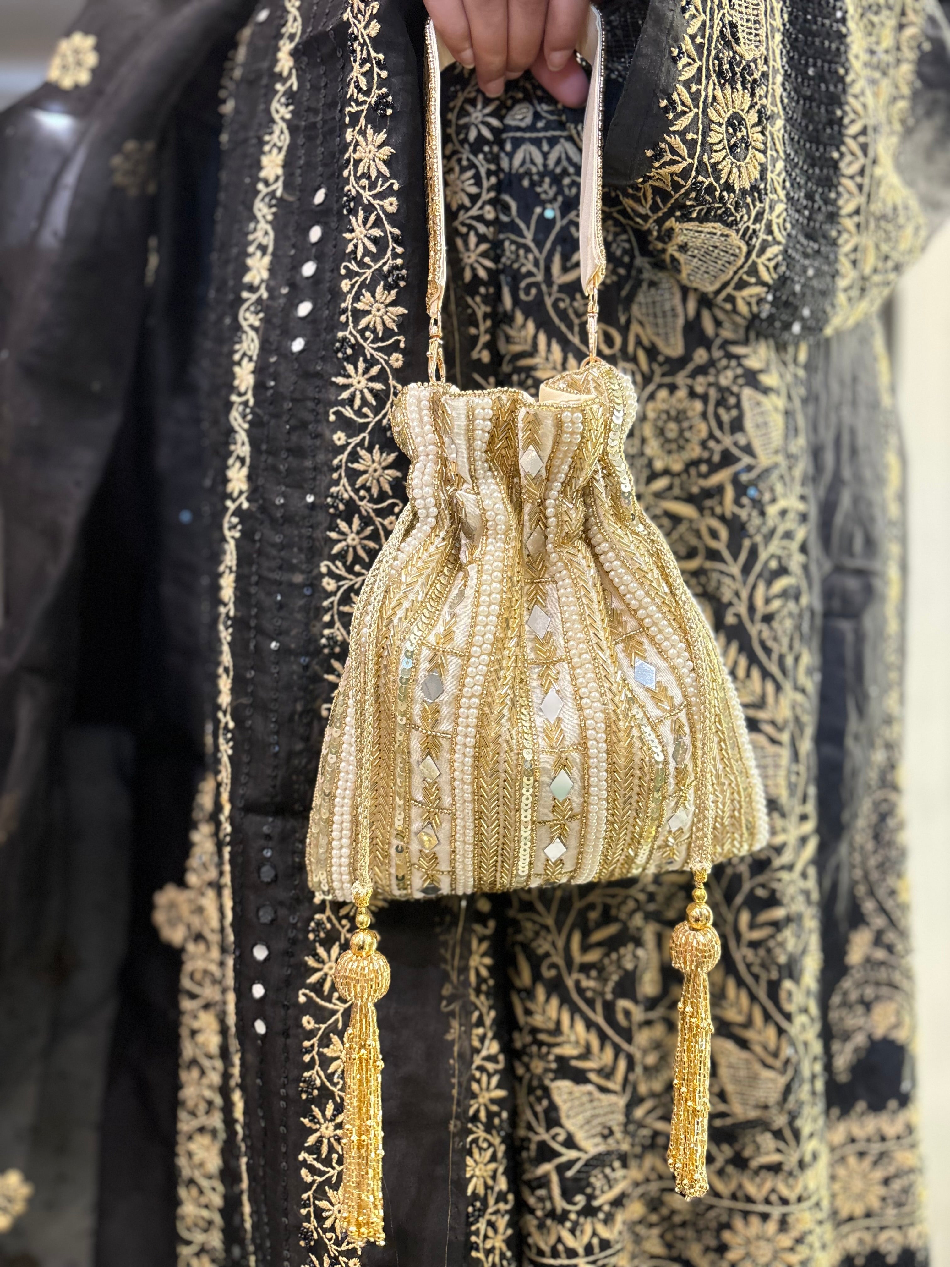 Ivory Silk Chikankari Potli Bag
