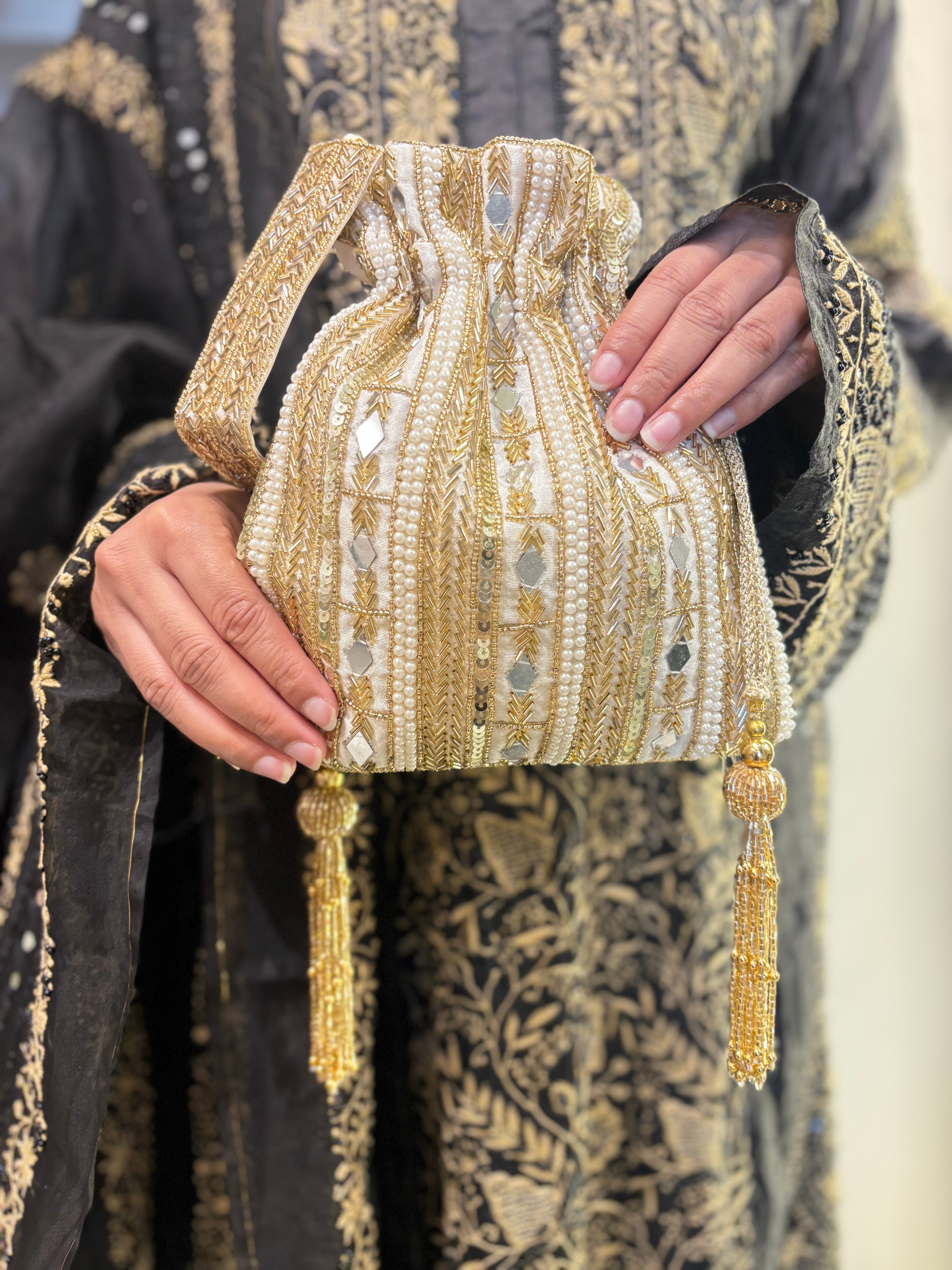 Ivory Silk Chikankari Potli Bag