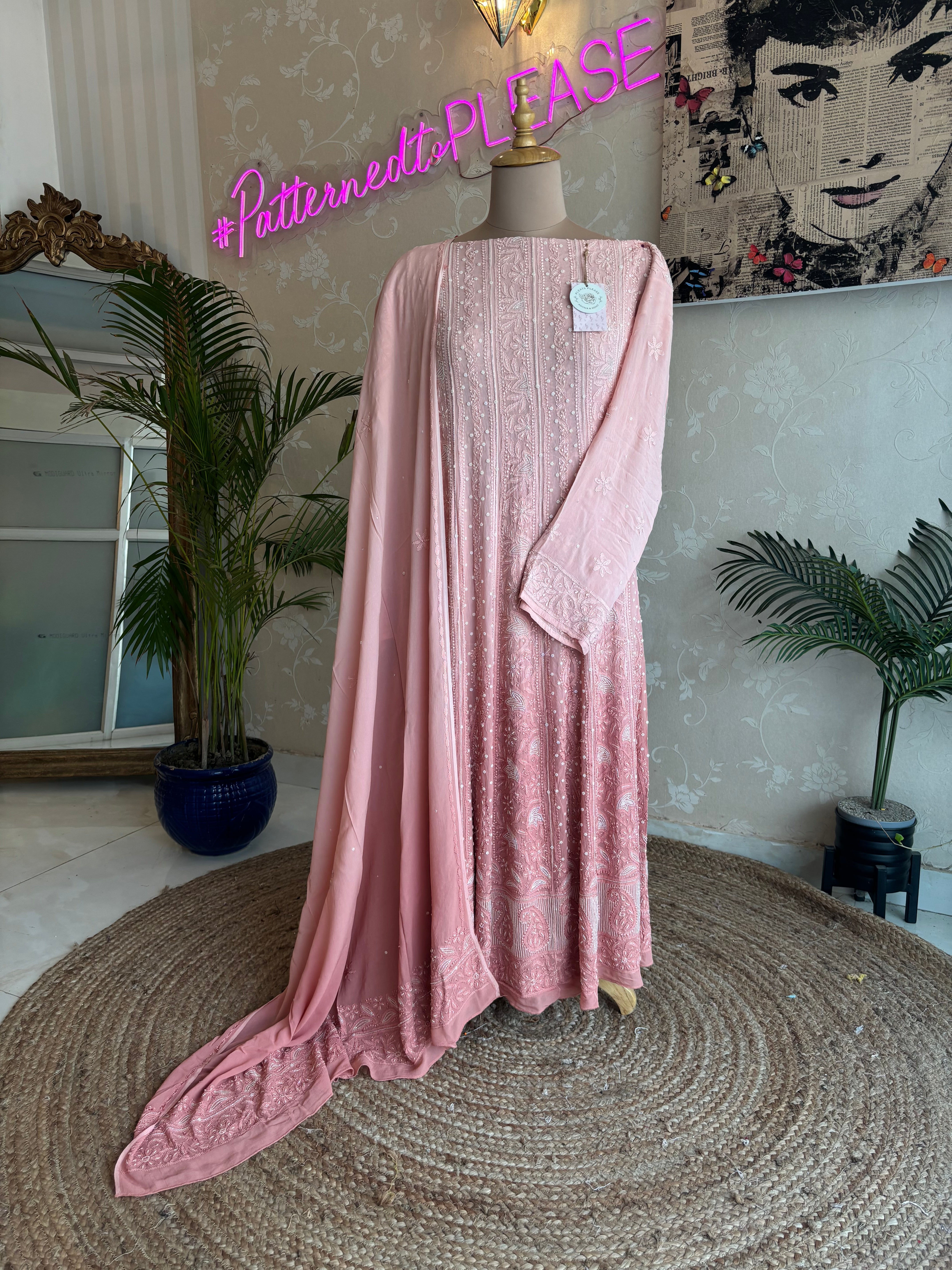 Rose Gold Ombre Half Pure Georgette Chikankari Anarkali and Dupatta