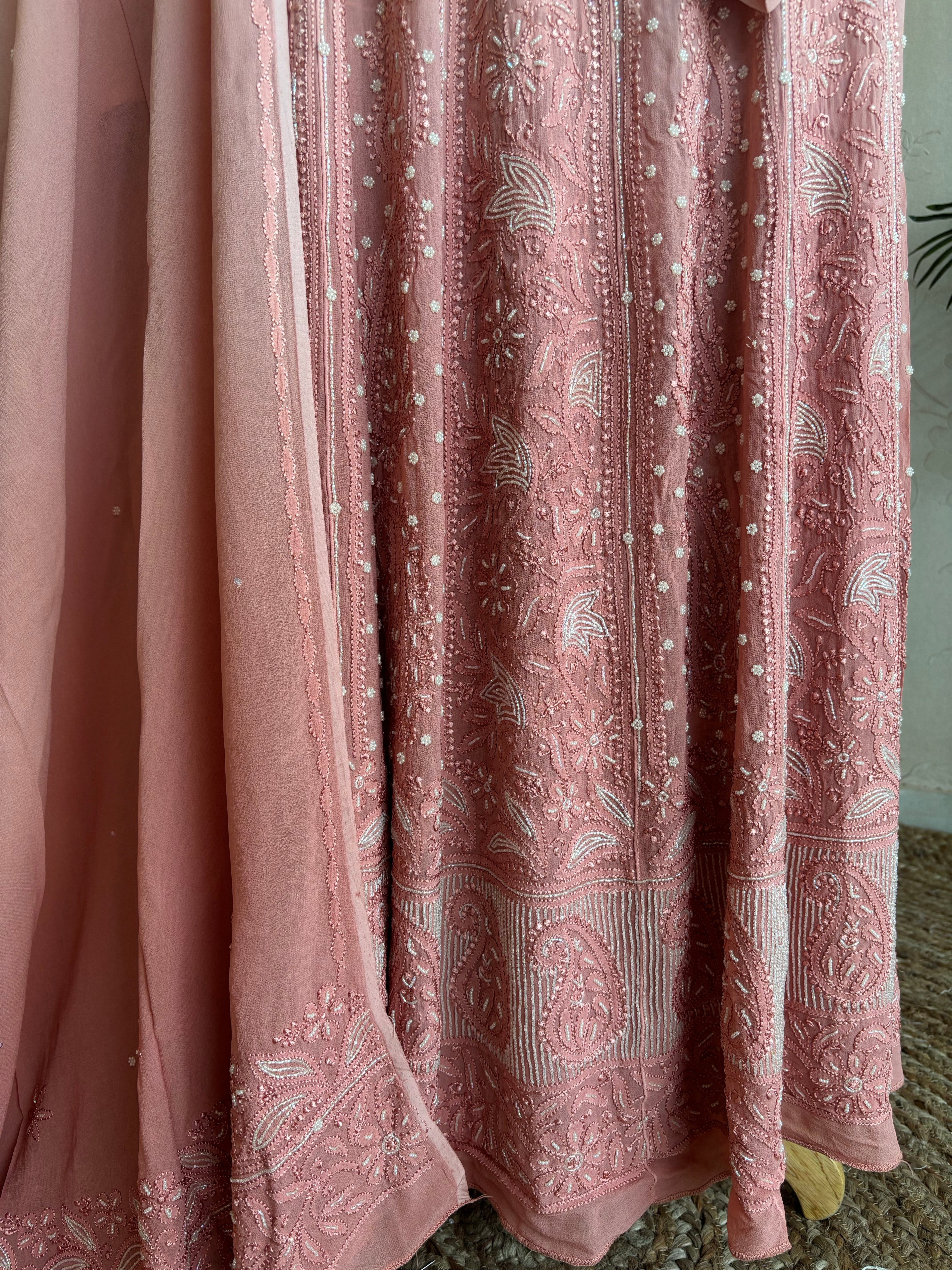 Rose Gold Ombre Half Pure Georgette Chikankari Anarkali and Dupatta