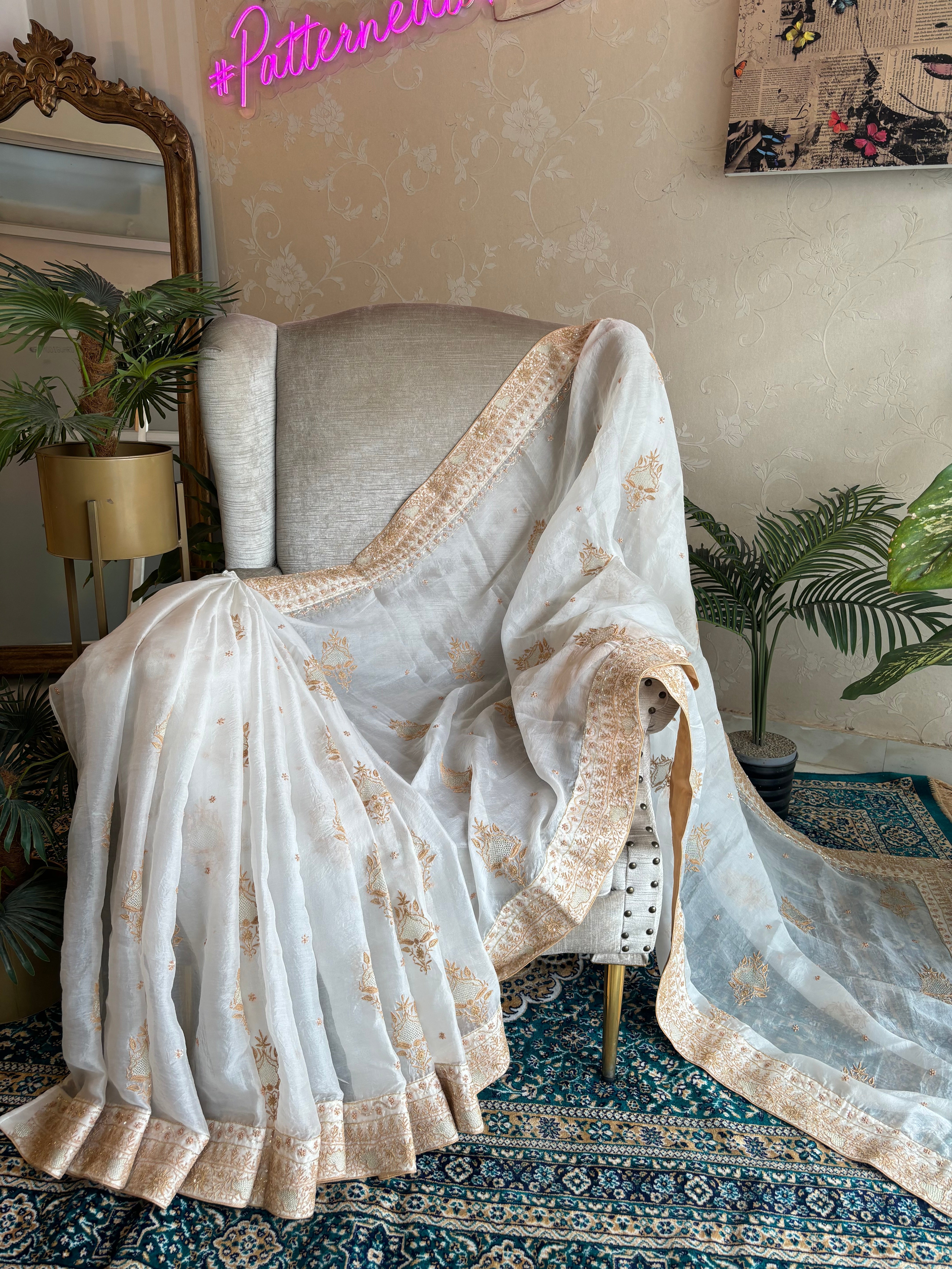 Dyeable Organza Silk Chikankari Saree
