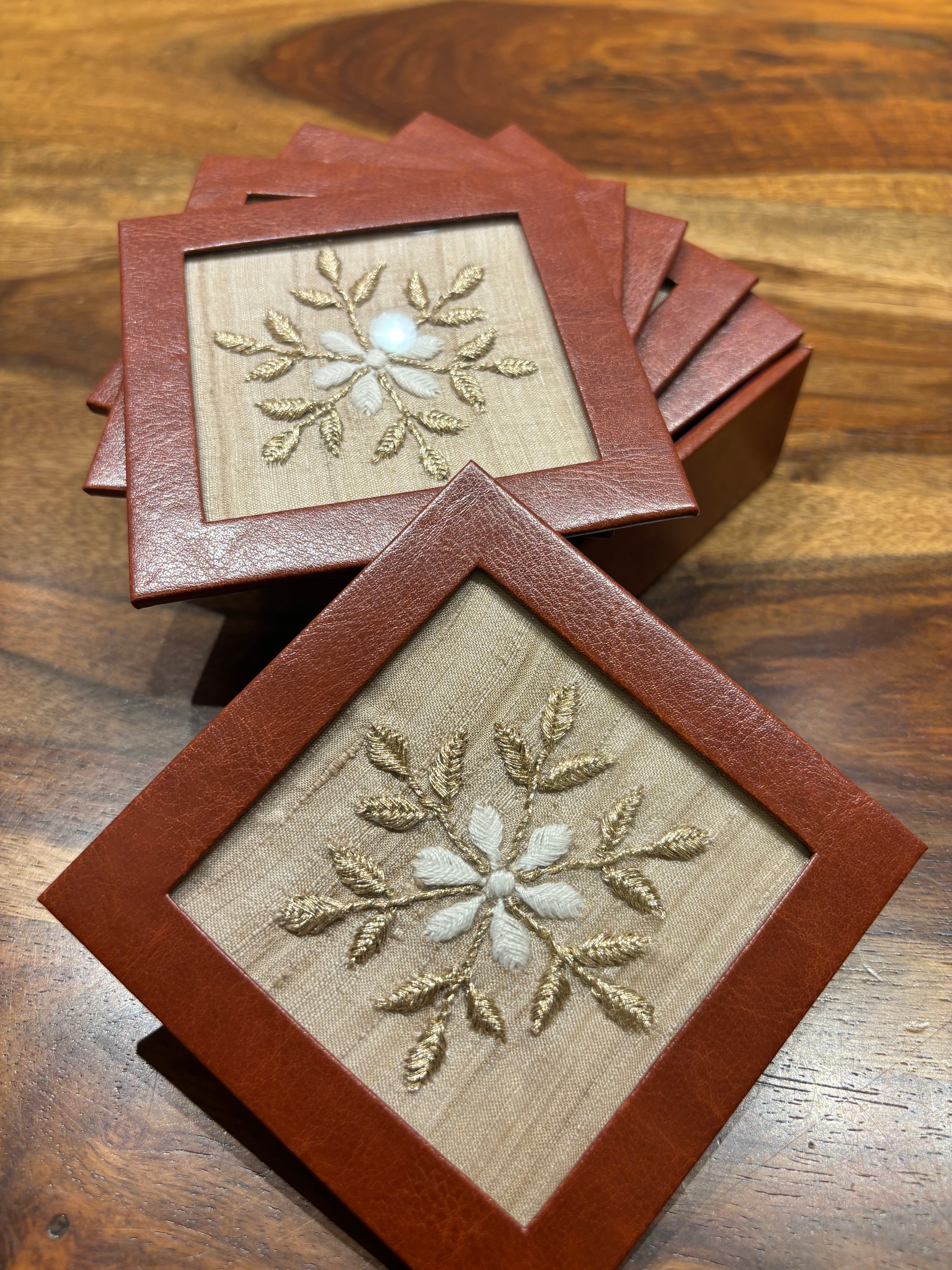 Fawn Silk Leather and Chikankari Coaster Set