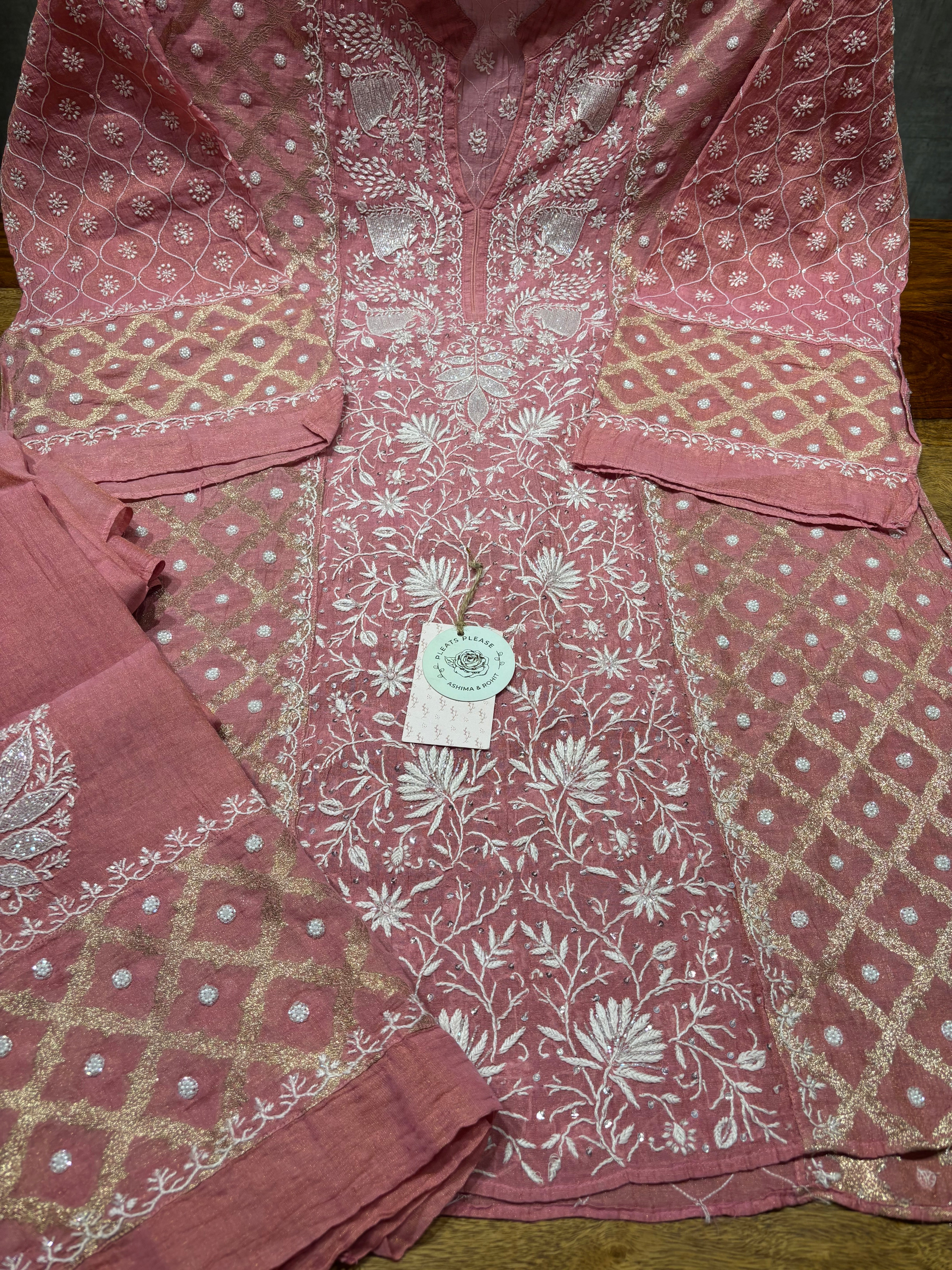 Garnet Pure Tissue Chikankari Co-ord Set
