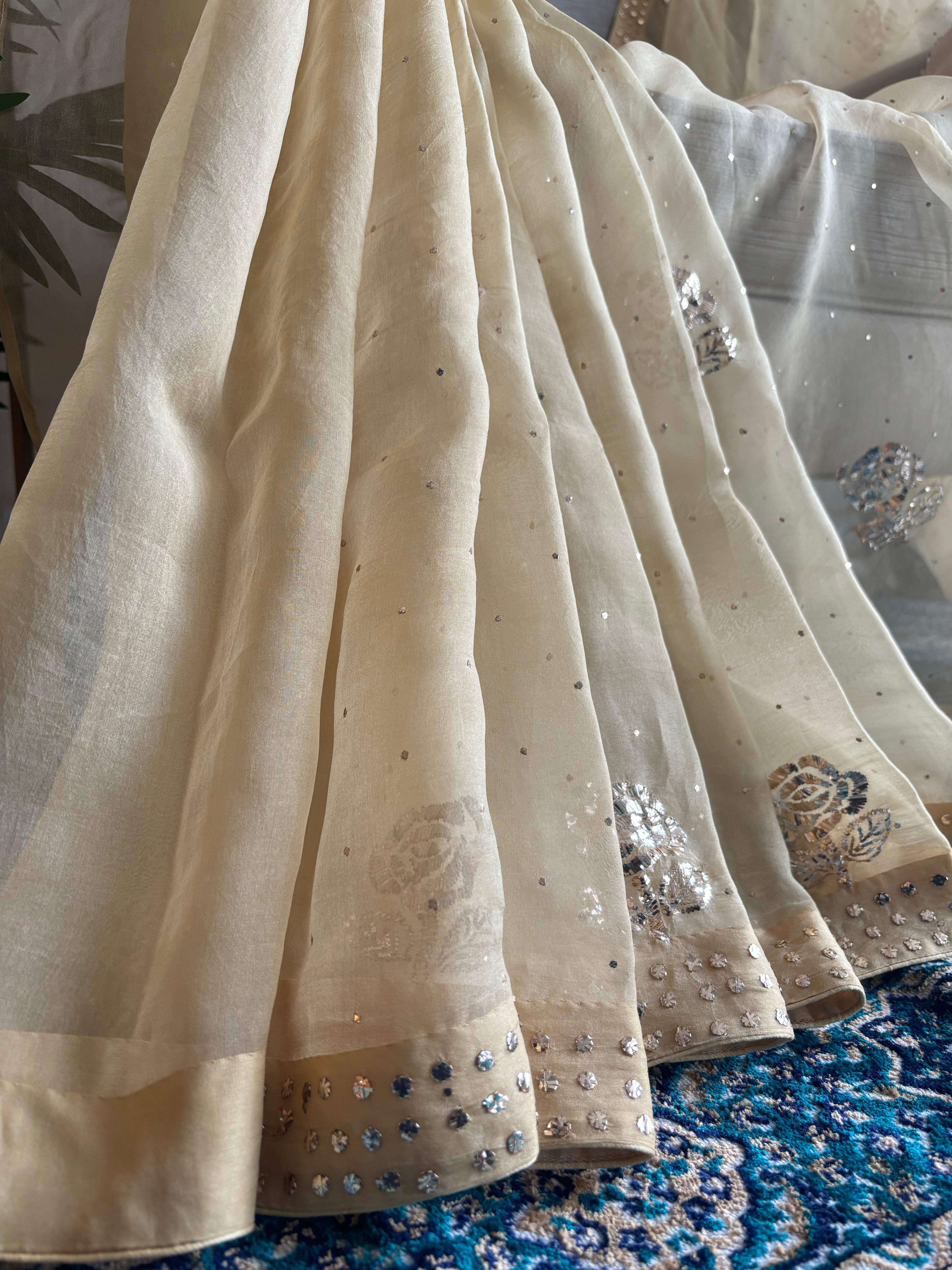 Beige Gold Organza Silk Badla Saree