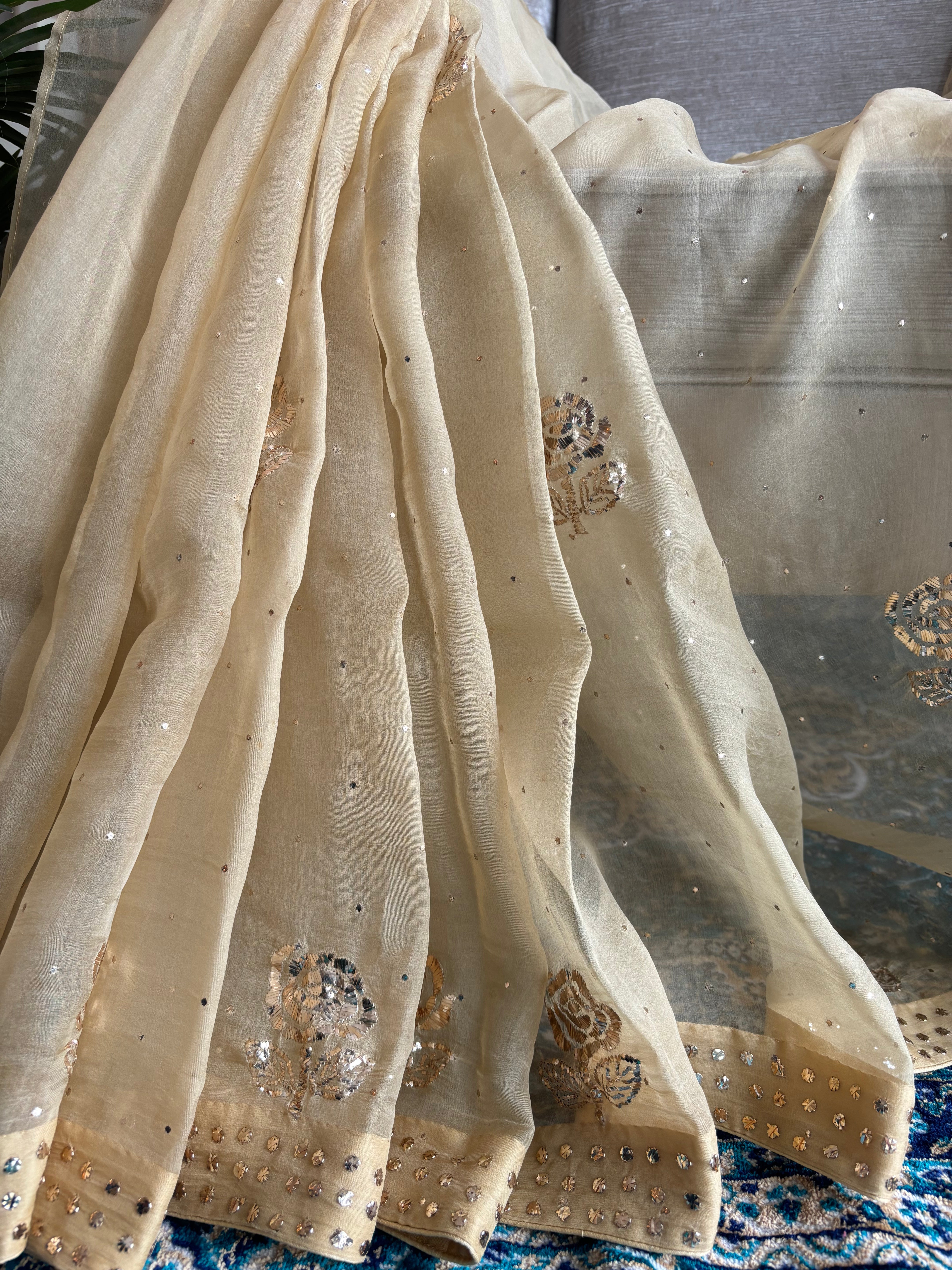 Beige Gold Organza Silk Badla Saree