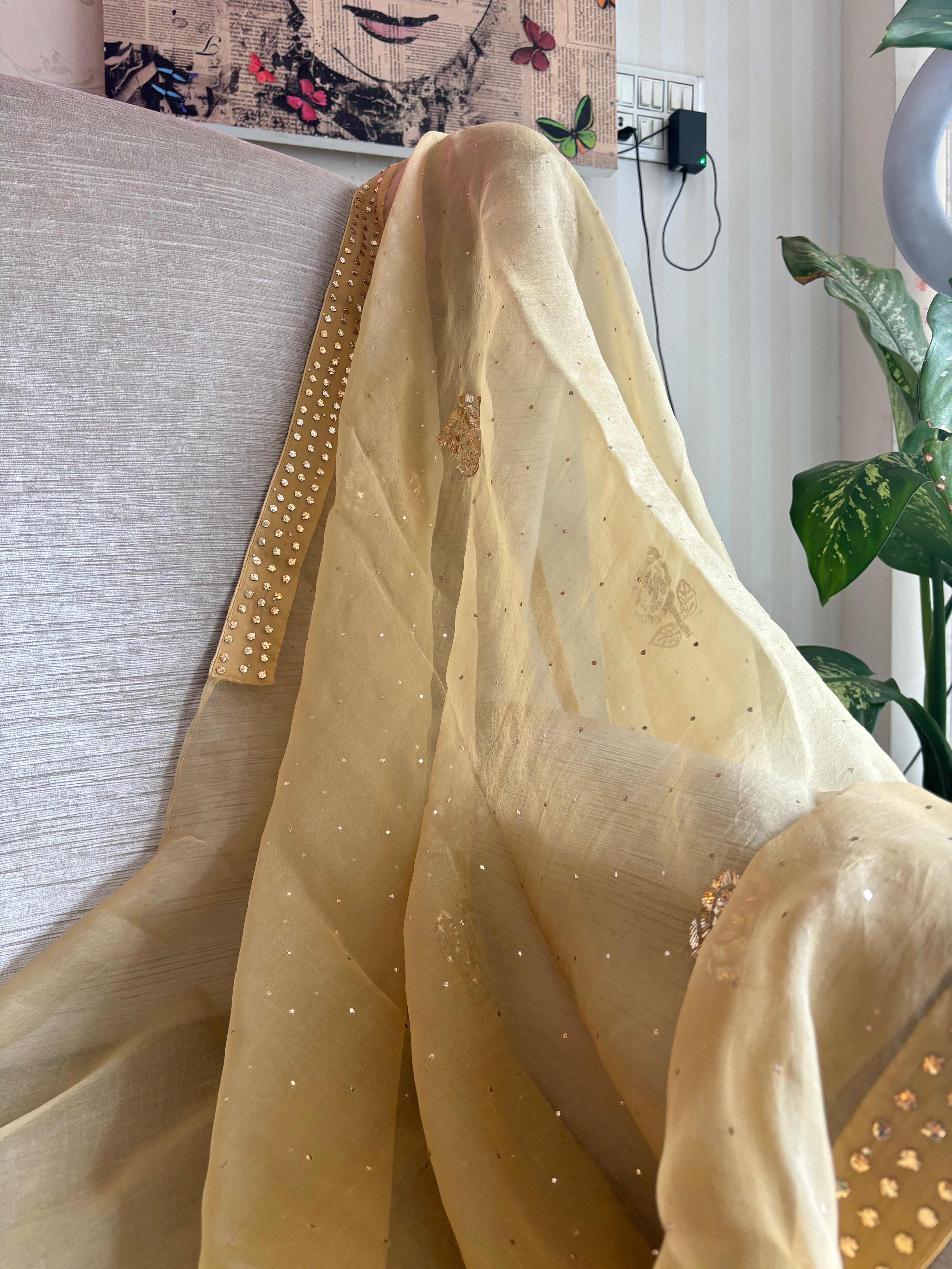 Beige Gold Organza Silk Badla Saree