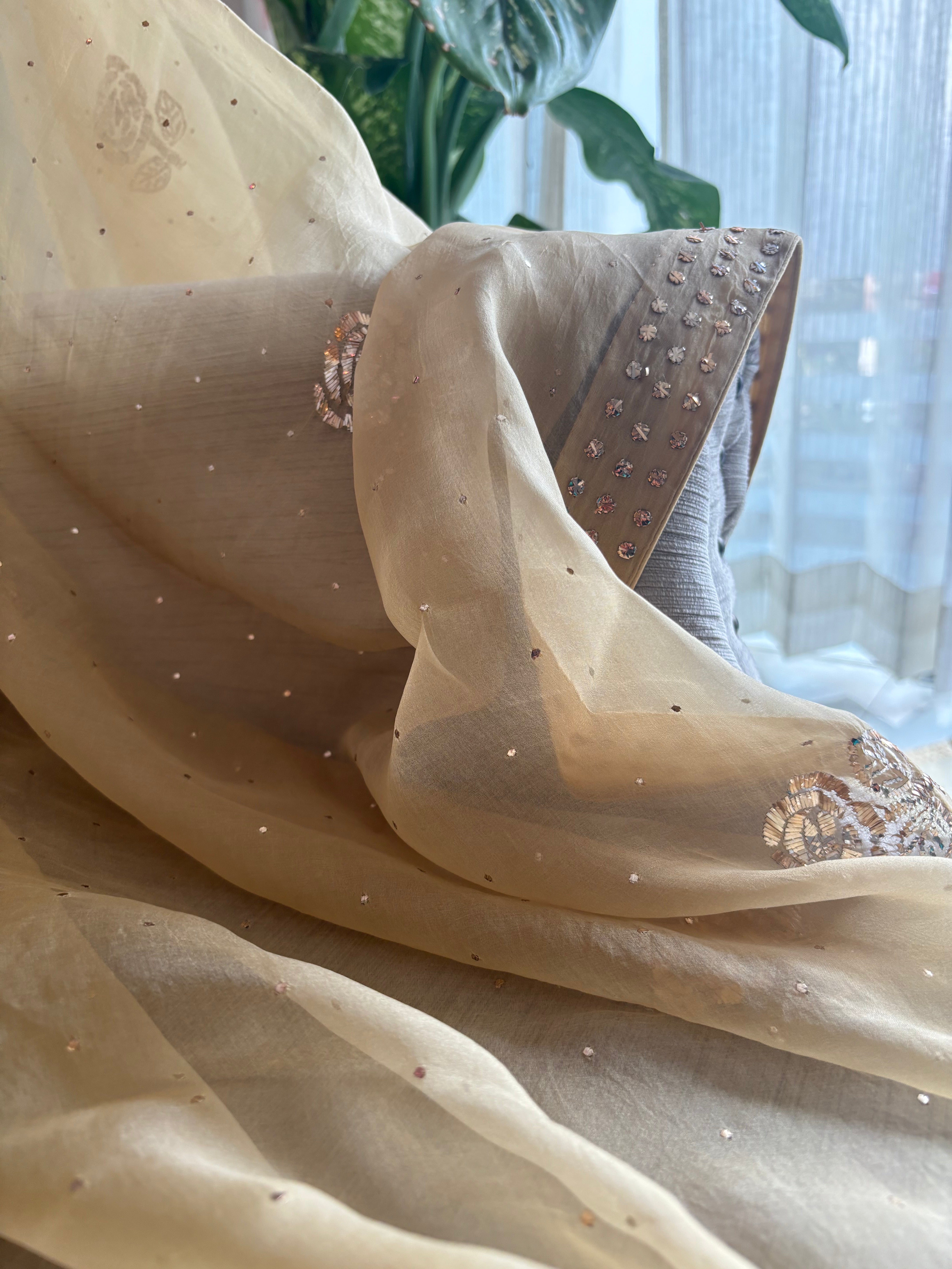 Beige Gold Organza Silk Badla Saree