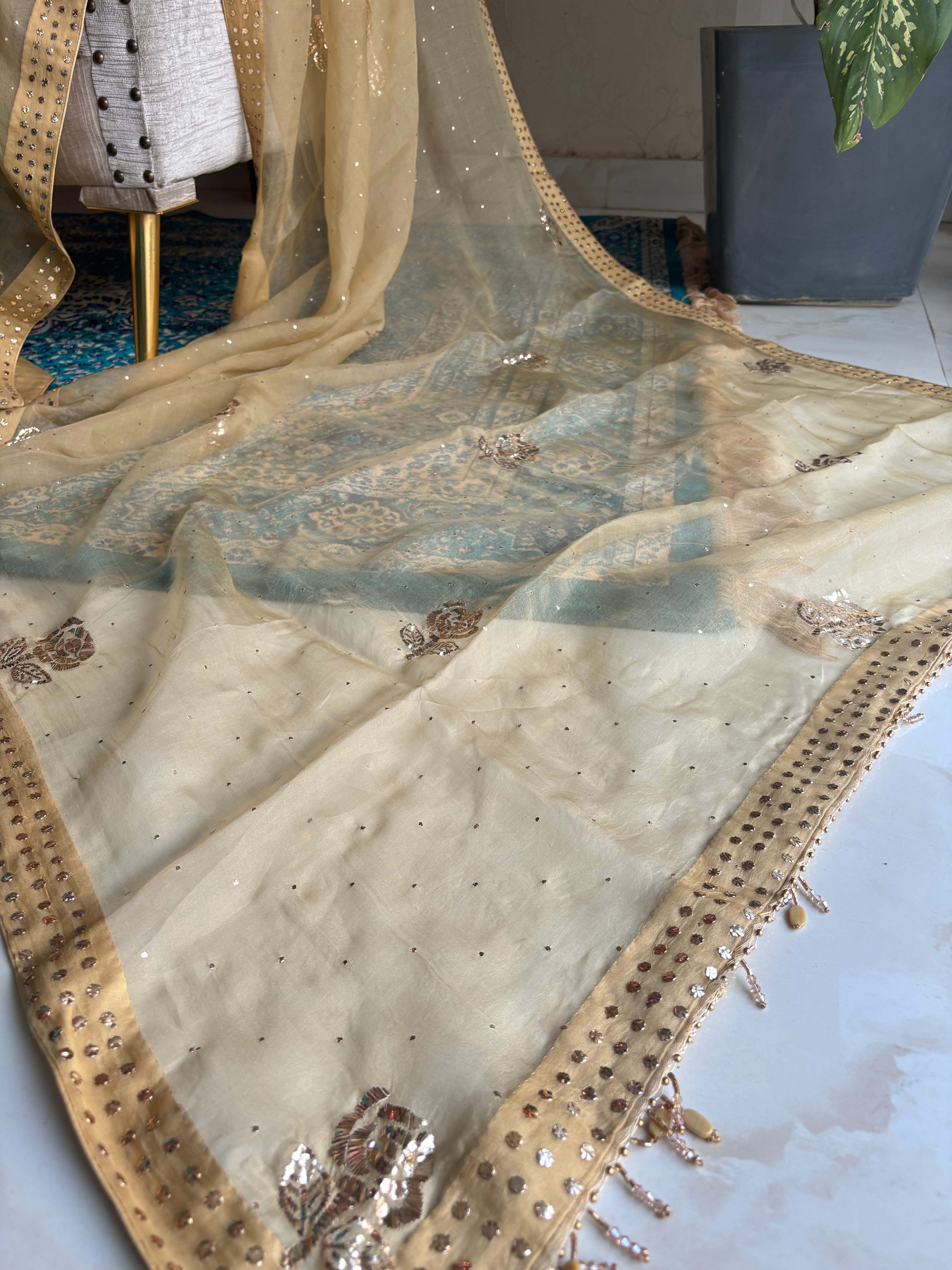 Beige Gold Organza Silk Badla Saree