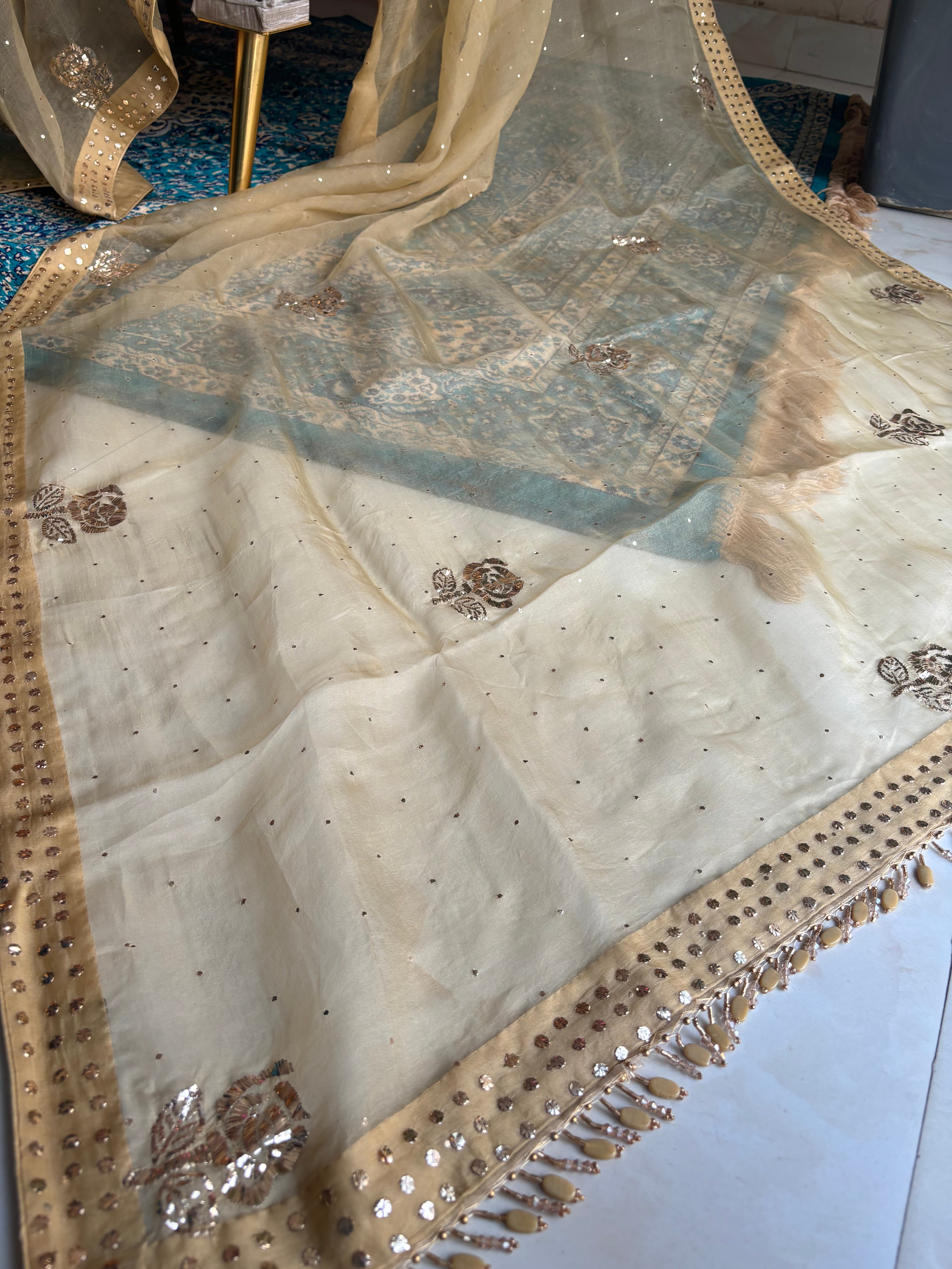 Beige Gold Organza Silk Badla Saree