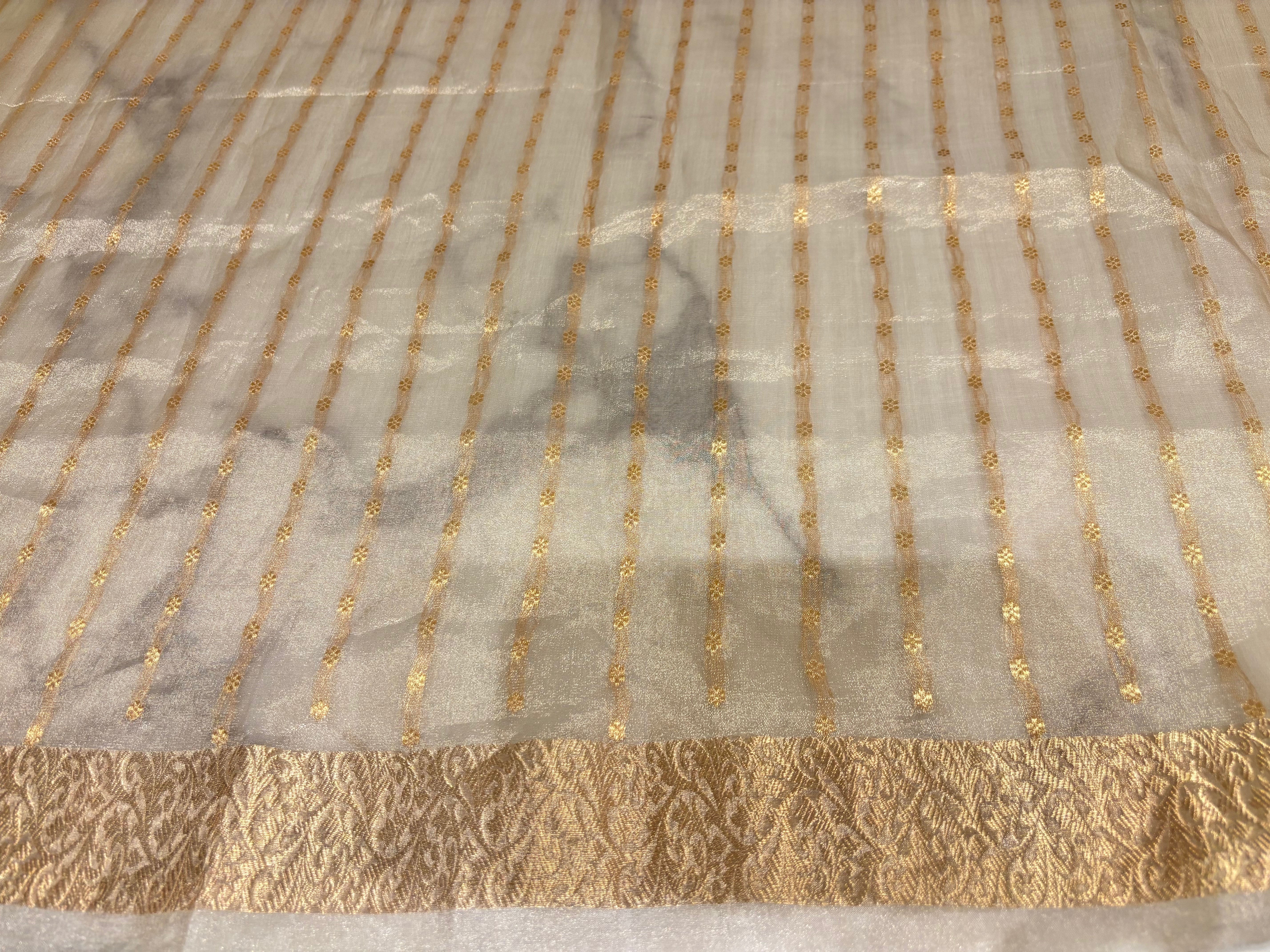 Golden Tissue Organza Banarsi Saree and Blouse - Pleats PleaseChikankari