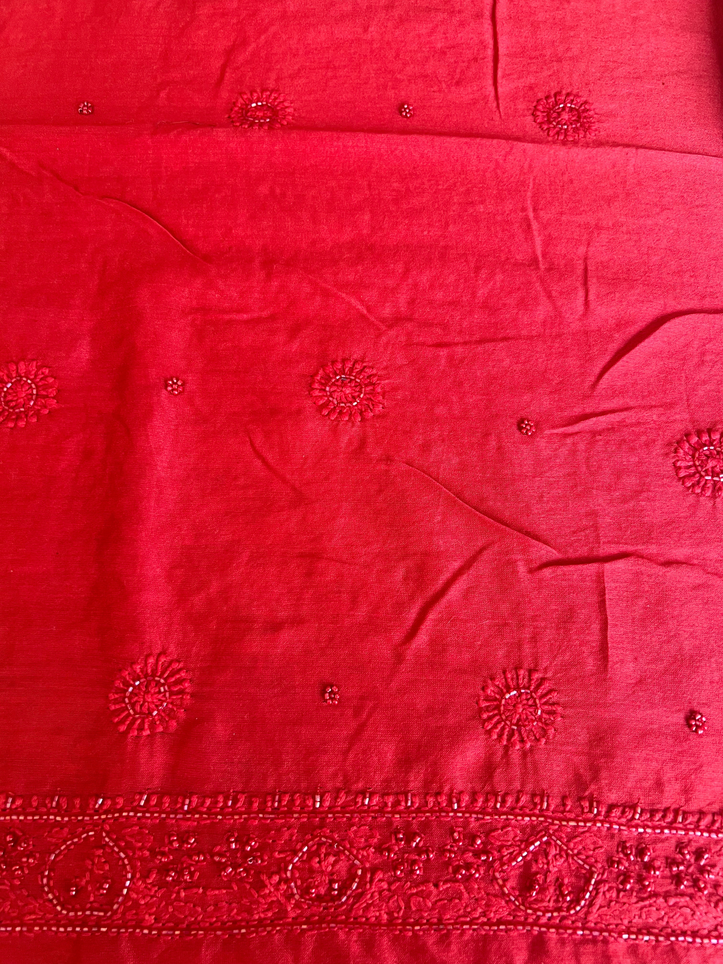 Red Chanderi Silk Chikankari Men's Kurta Fabric