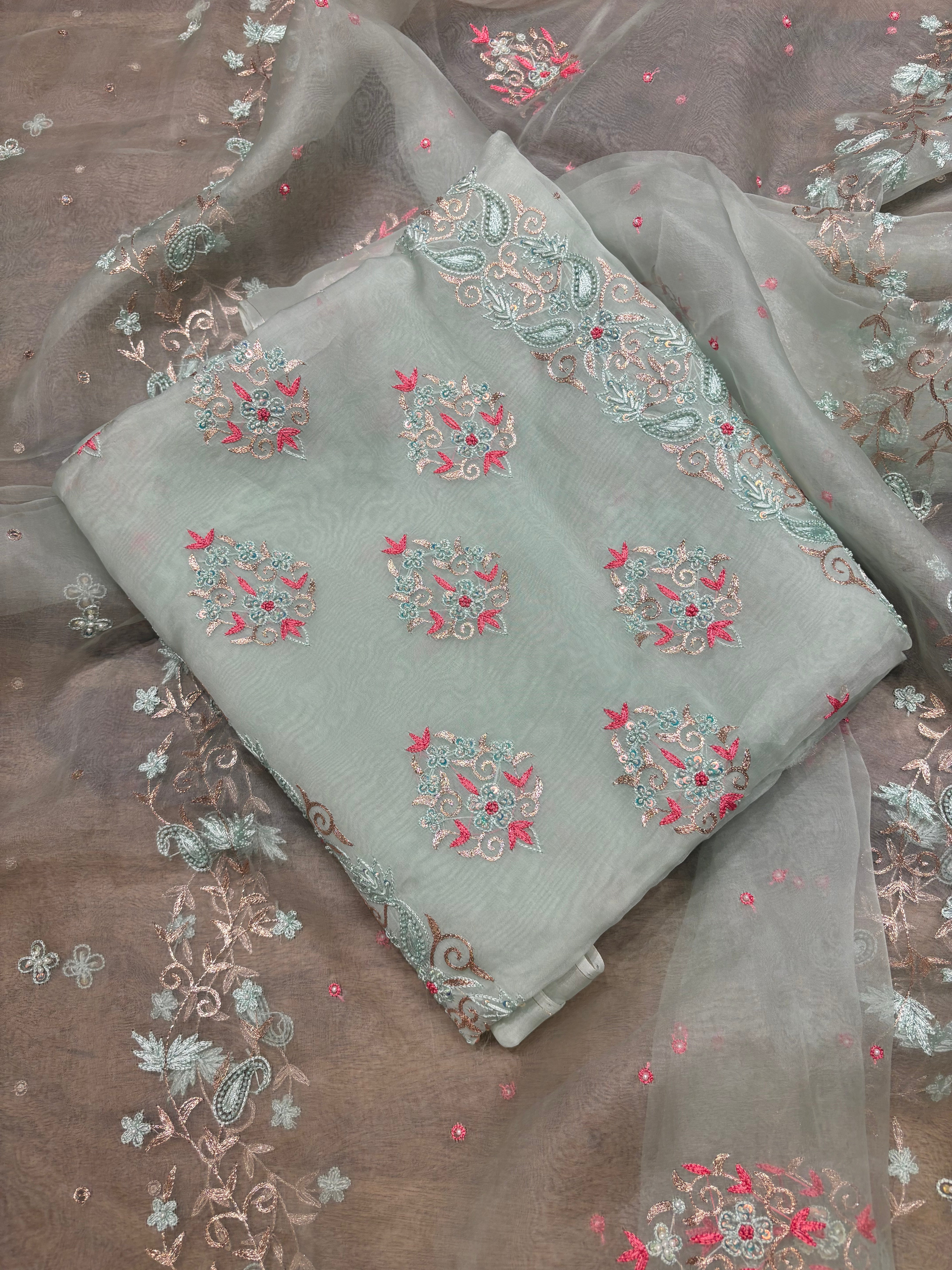 Cruise Organza Silk Chikankari Kurta and Dupatta Fabric