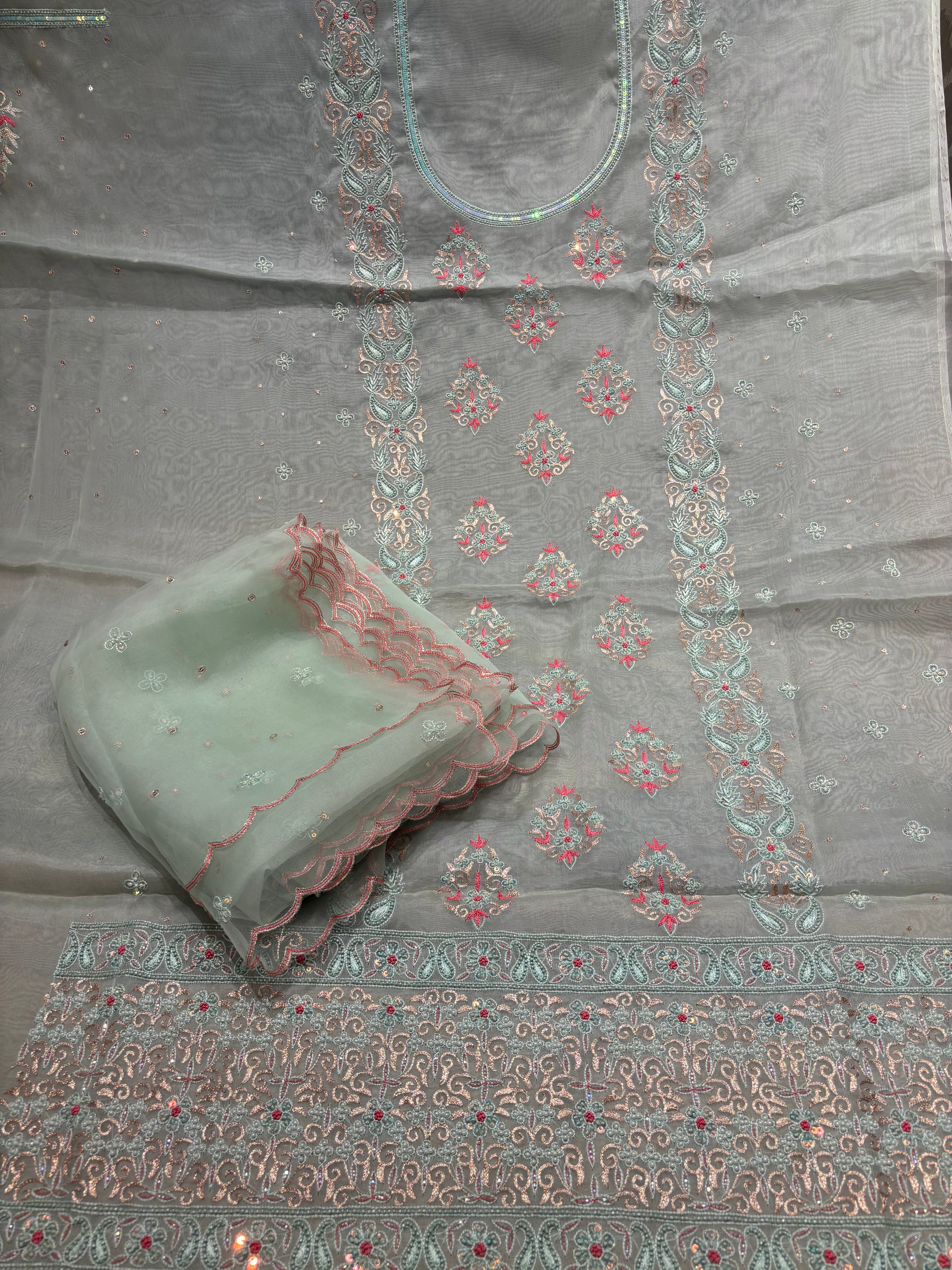 Cruise Organza Silk Chikankari Kurta and Dupatta Fabric