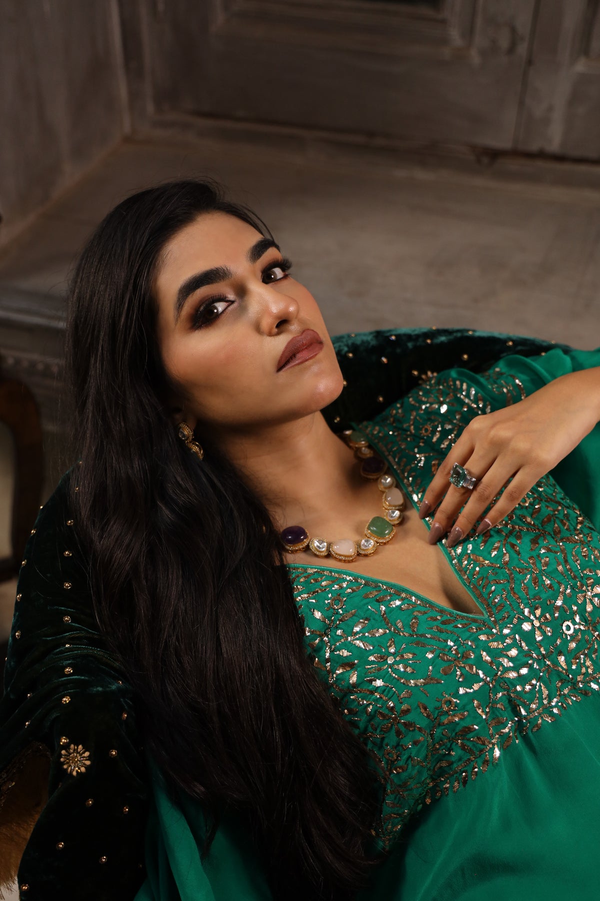 Jade Green Pure & Premium Silk Mukaish Kaftan Dress