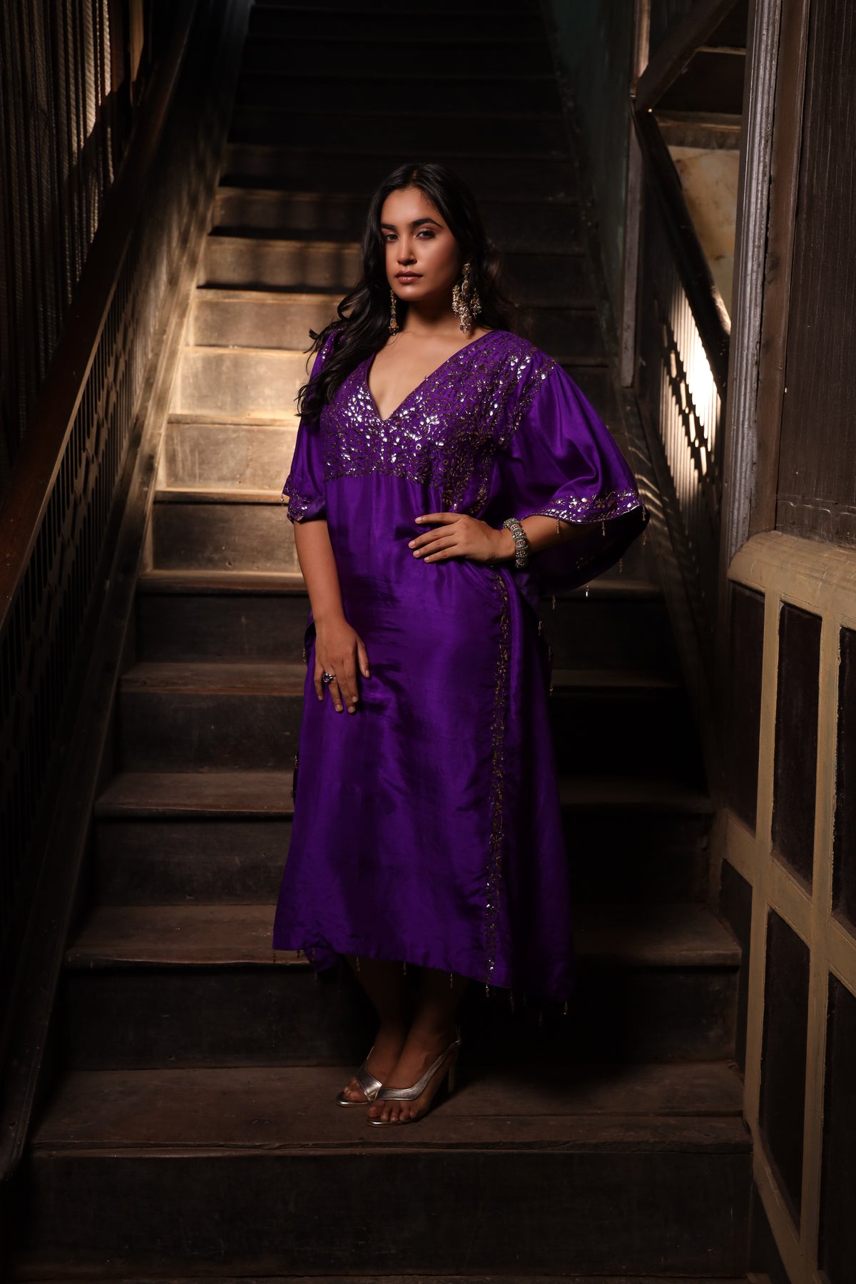 Purple Pure & Premium Silk Mukaish Kaftan Dress